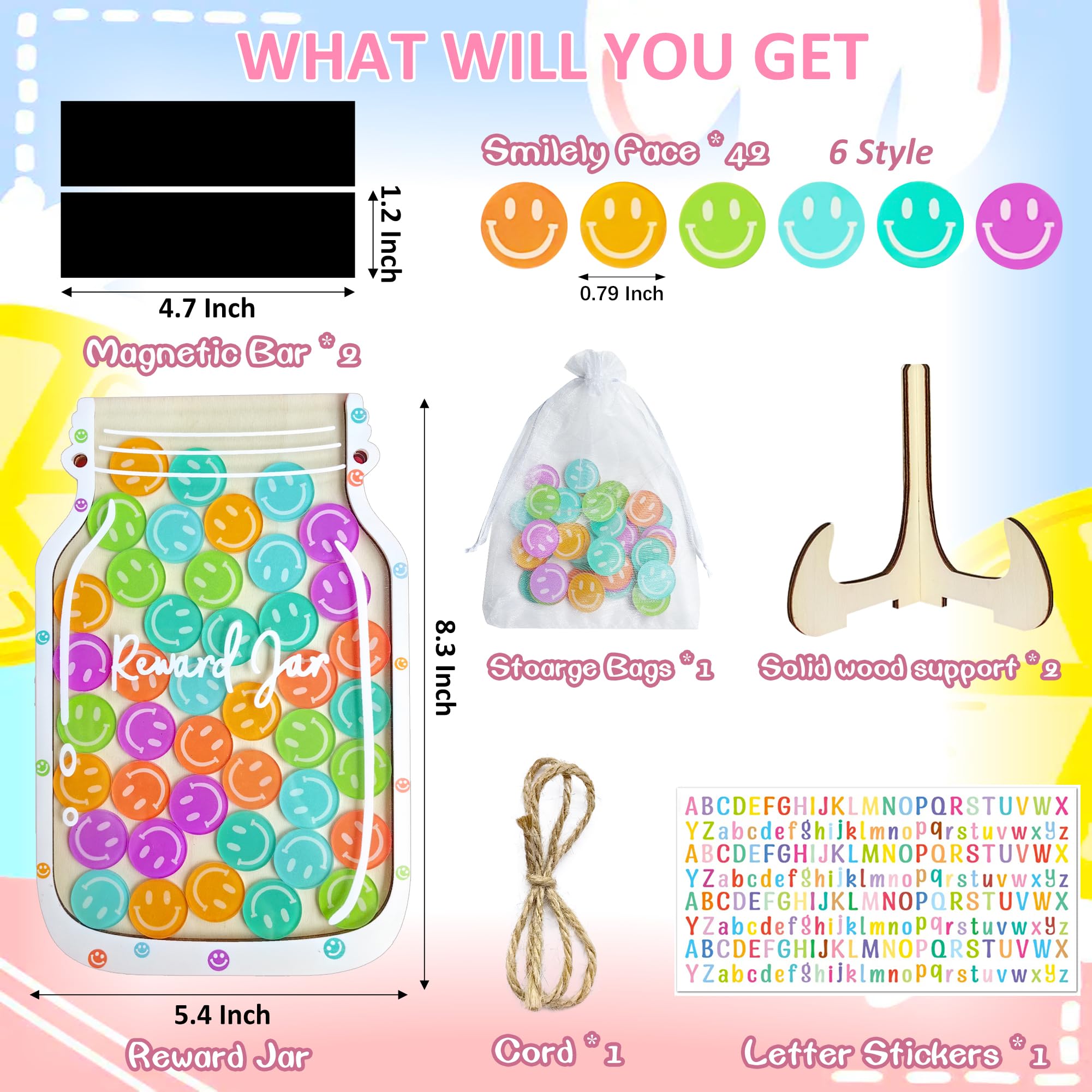 Magnetisches Belohnungsglas mit Smiley-Gesicht: Personalisiertes Smiley-Gesichter, ideal für Klassenzimmer-Belohnungssystem, 42 Stück Token Home Chore Diagramm, Lehrer, gutes Verhalten