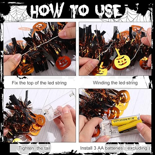 Miniatura 4 de Ceenna Decoraciones de Halloween de 16.4 pies, guirnalda de oropel de Halloween con 50 luces LED moradas colgantes de oropel con purpurina