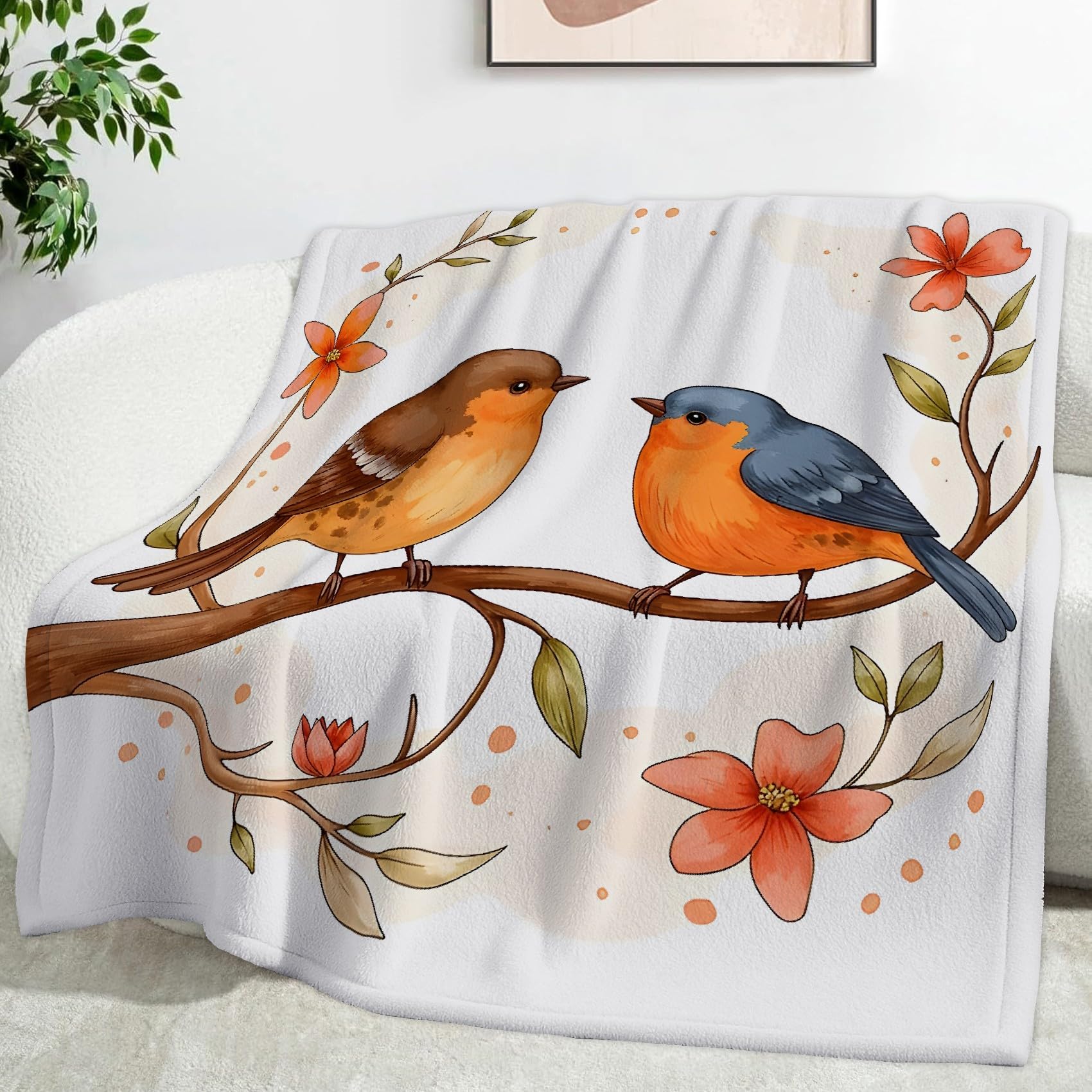 Ypthriline Birds on Branches Blanket, Hand-painted Watercolor Style Microfiber Flannel Throw Blanket, Comfortable Soft Fluffy and Warm, Blankets for Beds, Sofas and Recliners, 230×270 CM