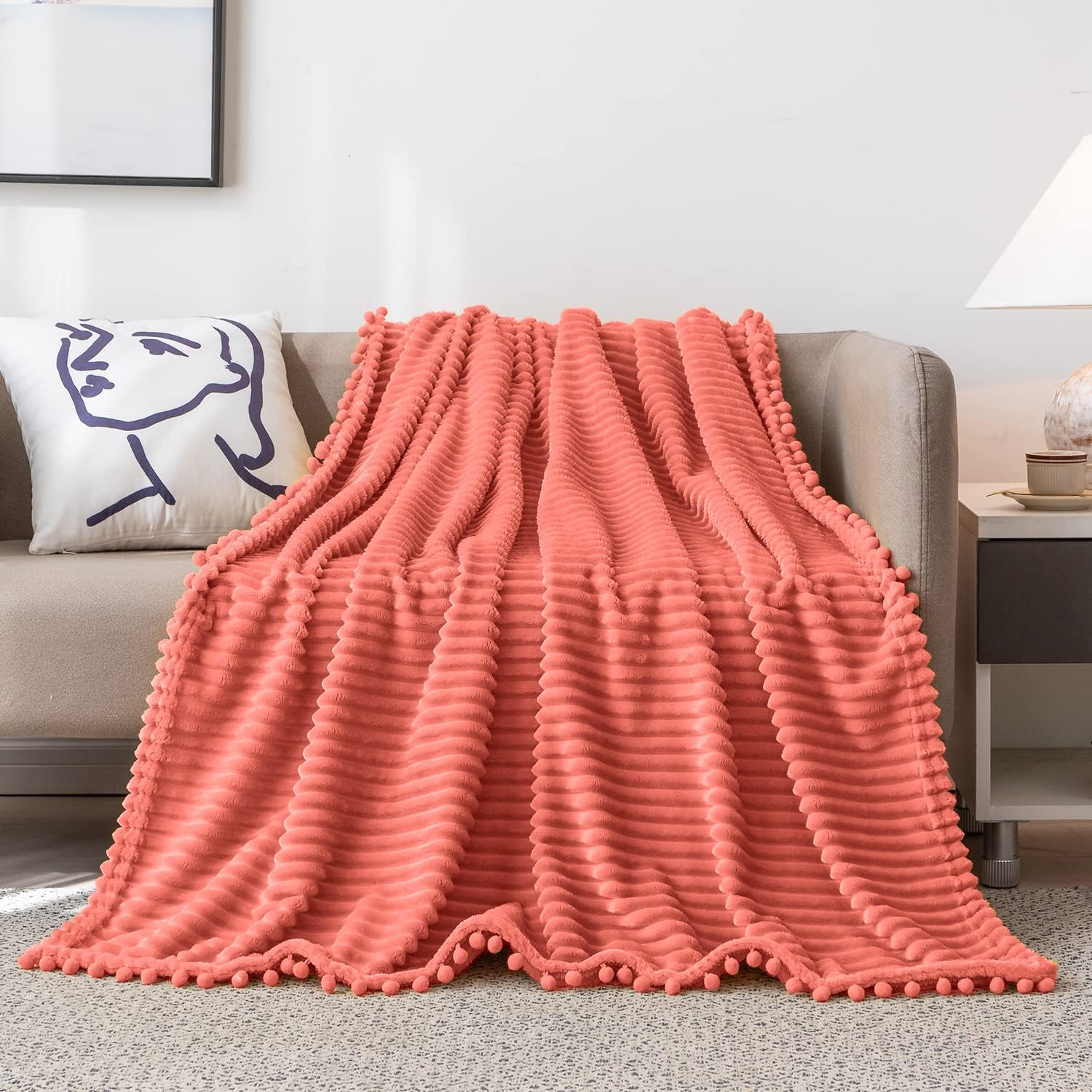 Fleece Blanket Throw Size – 51x63, Coral – Soft, Plush, Fluffy, Fuzzy, Warm, Cozy – Perfect Throw for Couch, Bed, Sofa - with Pompom Fringe - Flannel Blanket Throw Blanket