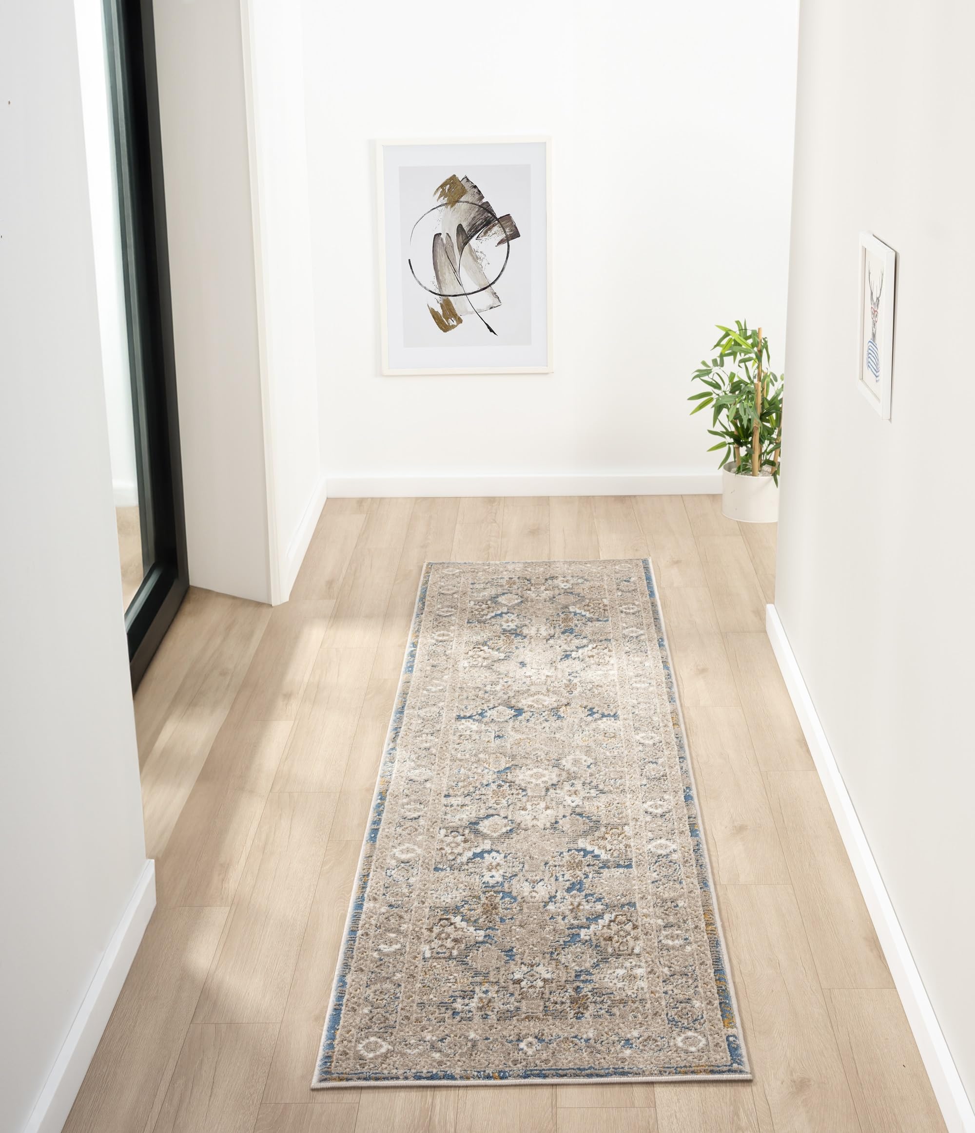 Lord of Rugs Traditional Vintage Rug for Dining Room, Living Room, Bedroom, Home Office, Kitchen Classic Bohomian Easy Care Rug Bordered Blue 550AG Runner L230xW66 cm (7'7"x2'5")