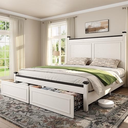 Miniatura 8 de Marco de cama tamaño King de 51 pulgadas de alto, marco de cama y cabecero de cama King con 2 cajones de almacenamiento, no necesita somier, color