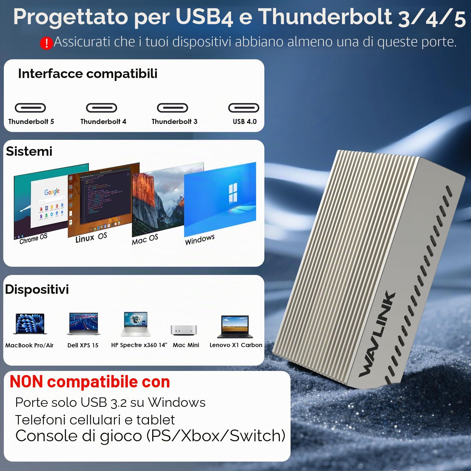 WAVLINK Adattatore Ethernet [1x] 10G per adattatore di rete Thunderbolt 3/4/5 e USB4-10GbE RJ45 con chip AQC113-B1, compatibile con MacBook Pro, Windows 11, Linux, ChromeOS