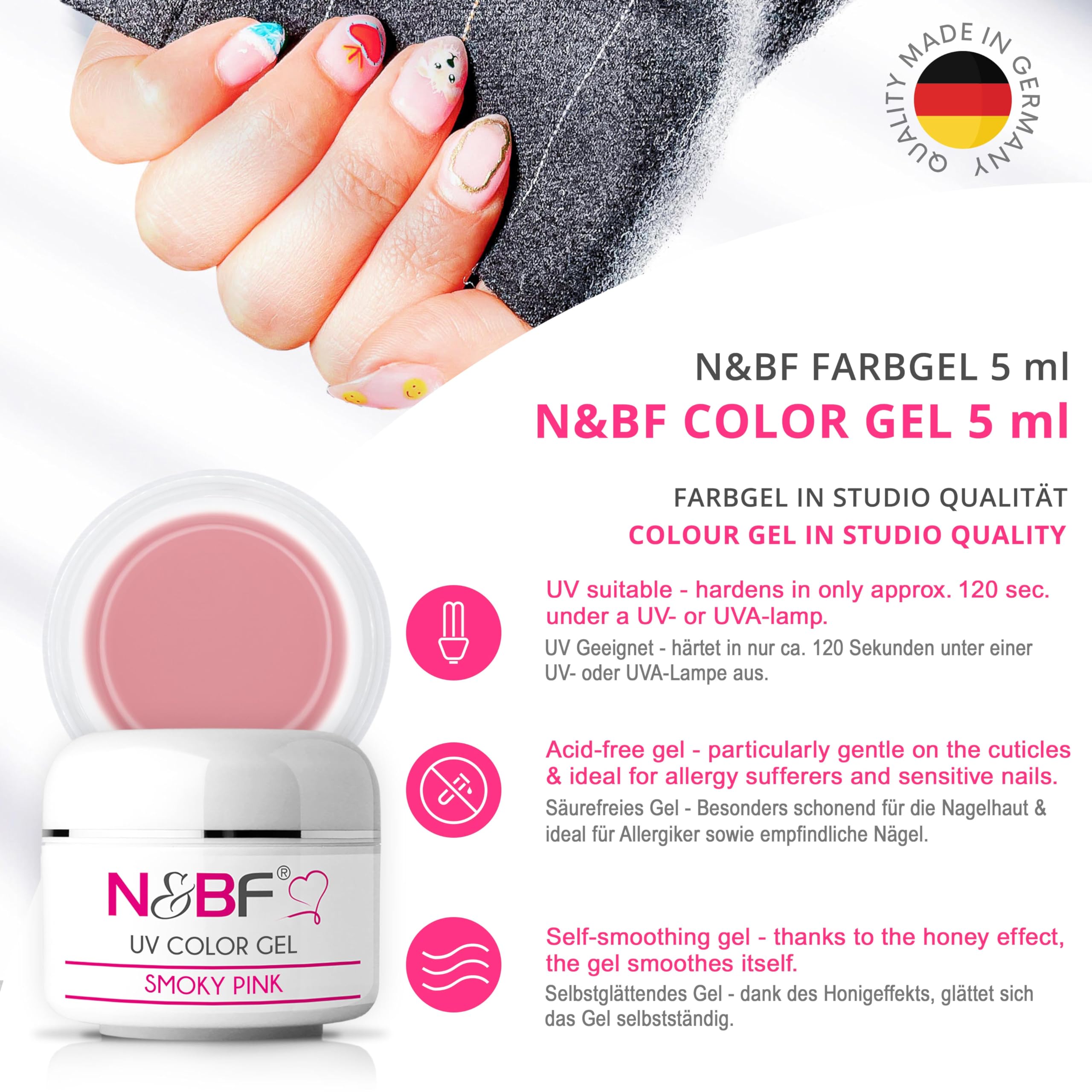 N&BF UV Farbgel 5 ml | Smoky Pink (Rosa) | Colourgel deckend mittelviskos | Color Gel für Gelnägel | Made in Germany | Nageldesign Farbgele | selbstglättend ohne Säure - 3
