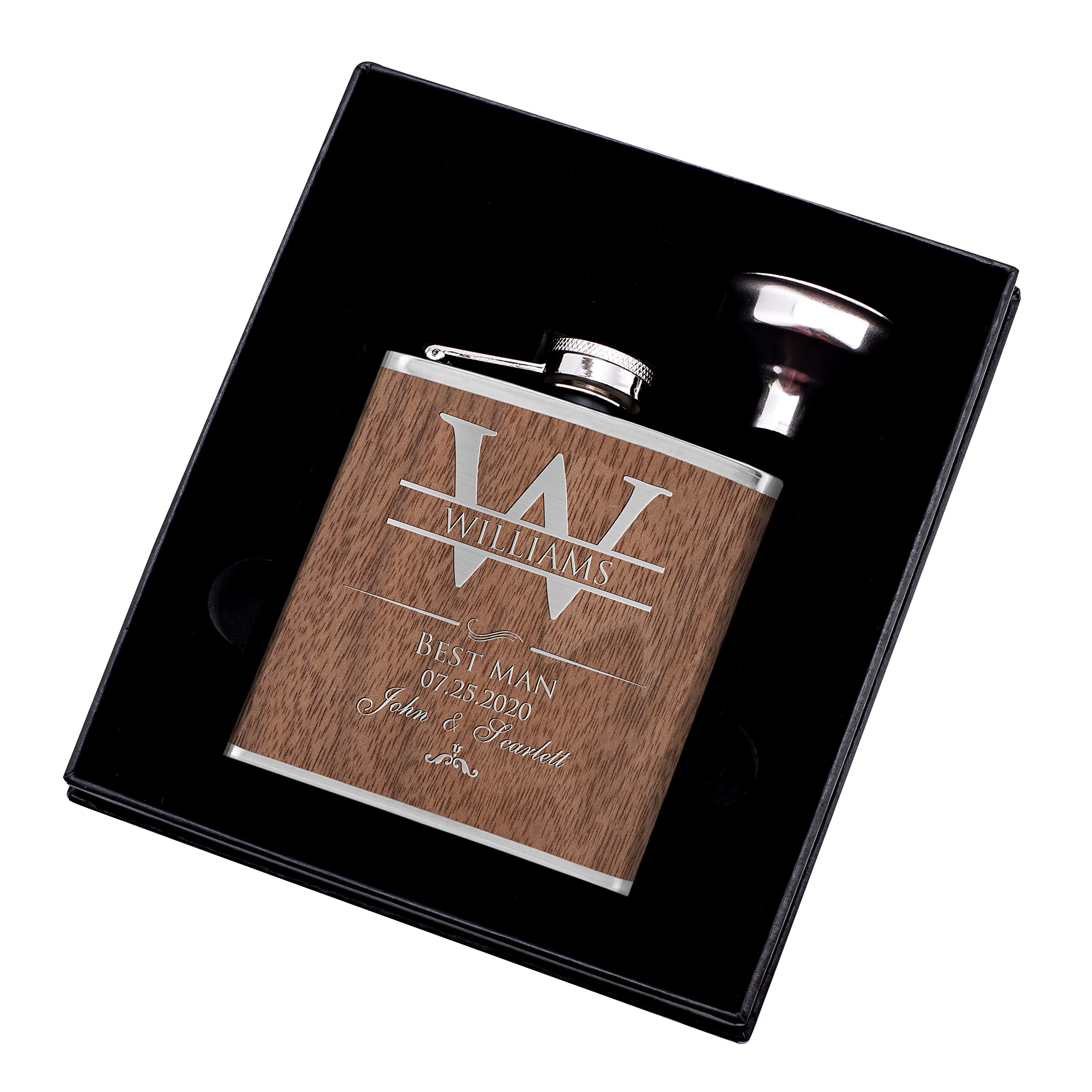 Set of 6, Groomsmen Gifts - Personalized Groomsman Flask w/Name, Title, Date - Walnut Wood - Groomsmen Proposal Gifts w/Optional Gift Box, Groom's Drinking Team, Bachelor Party Gifts - Best Man #D2