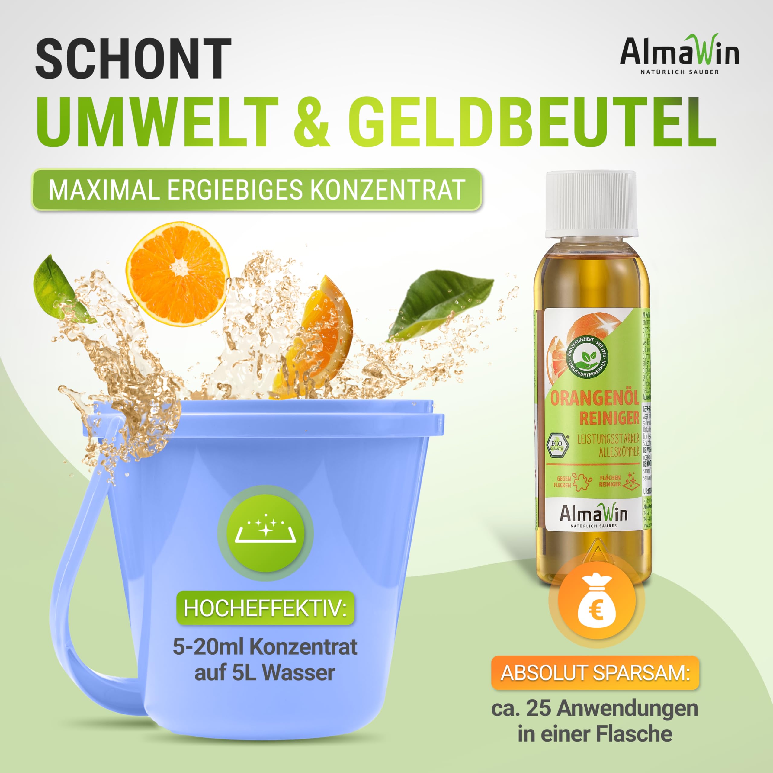 AlmaWin® Orangenölreiniger ÖKO [15x 125ml] ideal als starker Allesreiniger & Fettlöser - Veganes Orangenreiniger Konzentrat mit fruchtigem Duft - Besonders ergiebiger Orangenöl Reiniger