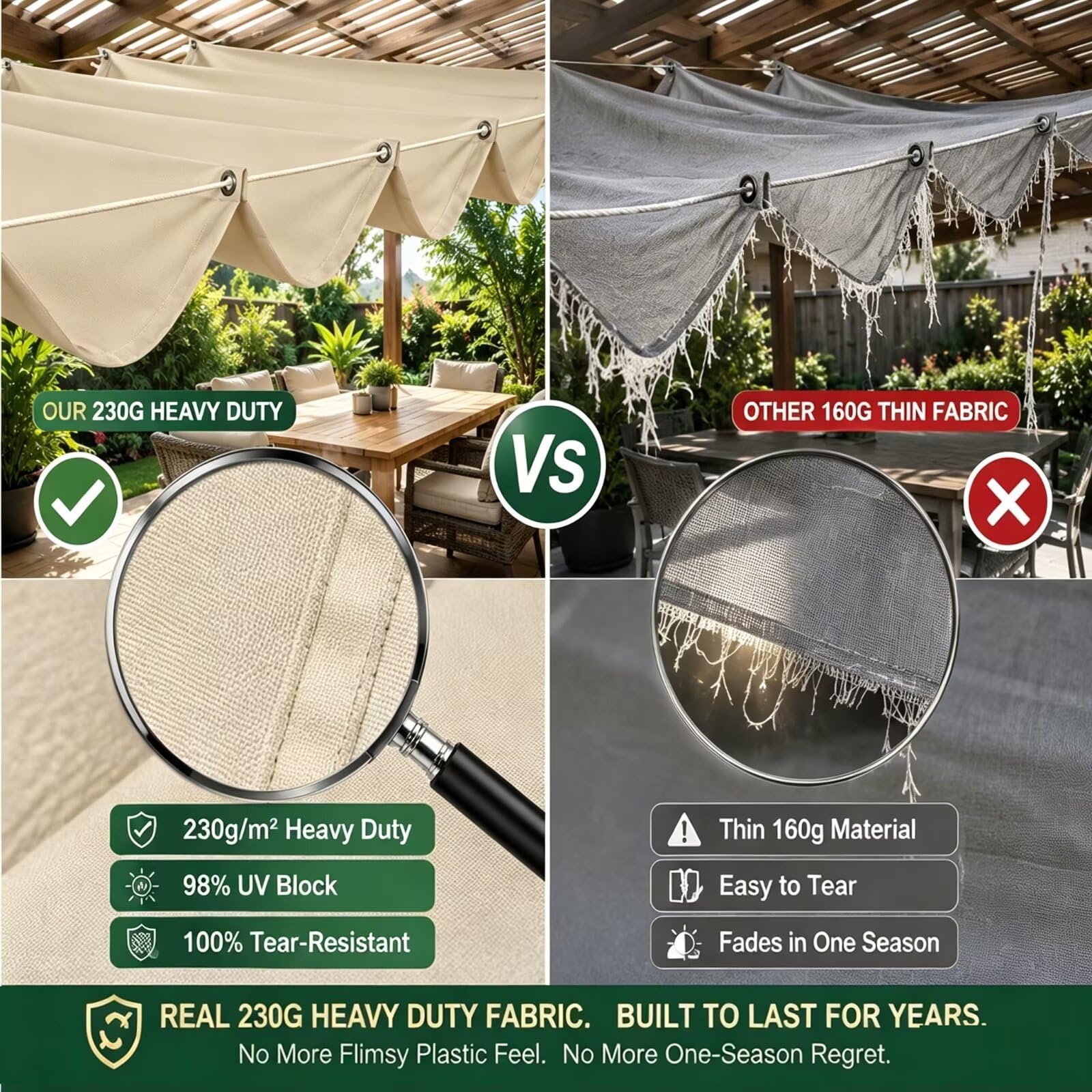 Wellen Sonnensegel 200x400cm,Terrassenüberdachung ausziehbar,Sand | Robustes 230g/m² HDPE Segel,hitzeisolierender UV & Regenschutz für Holzpergola,Edelstahl Ösen,4 Jahreszeiten nutzbar