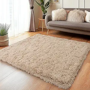 Beige Rugs for Bedroom 3x5 Feet - Ultra Soft Faux Fur Area Rug - Plush Non-Slip Shaggy Carpet for Living Room, Cozy Fluffy Rug for Kids Boys Girls Dorm Nursery Room, High Pile Floor Carpet