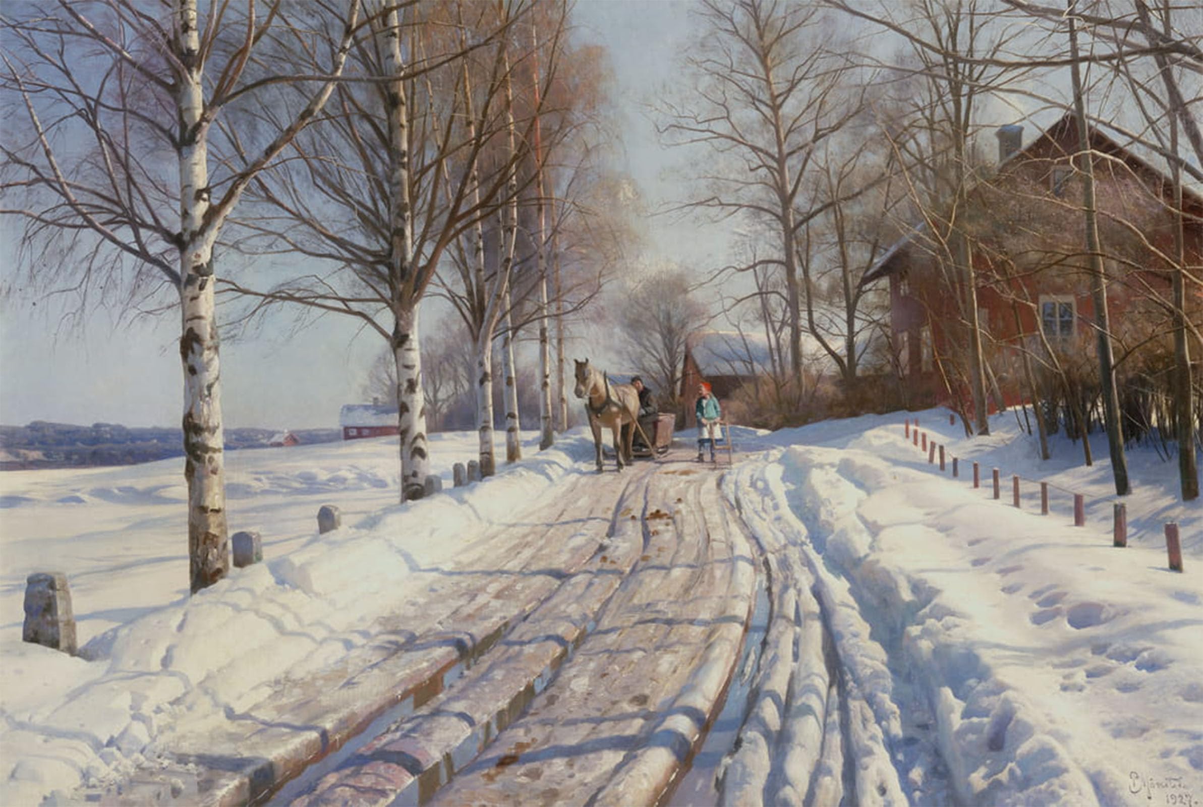 ARTXLXXBN Famous Painting Canvas Artwork Graffiti Print Sunny Winter Day in Vestanvik by Leksand Dalarna by Peder Monsted Portrait Canvas Image for Home Decor 60x90cm