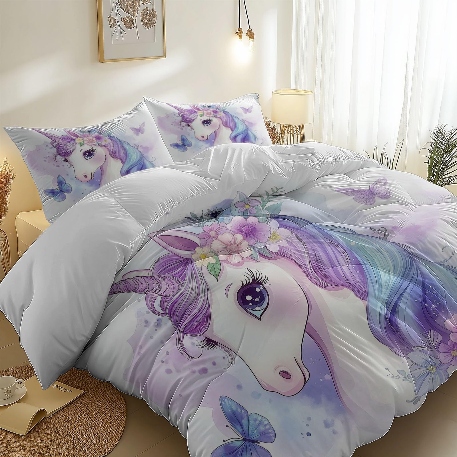 Poszwa na kołdrę 240 x 260 cm - Dream Unicorn Flower Butterfly Print Komplet pościeli z mikrofibry - zamek błyskawiczny - z 2 poszewkami na poduszki - dla dziewczynek chłopców biała dekoracja sypialni
