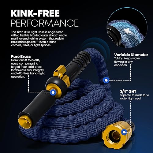 Miniatura 3 de TITAN Manguera de jardín flexible de 50 pies  Manguera de agua ultraligera y resistente con accesorios de latón y boquilla de chorro  Sin
