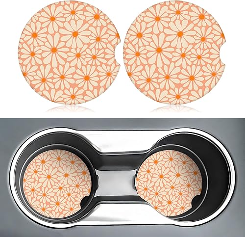 Miniatura 2 de Posavasos florales naranjas para portavasos de automóvil, paquete de 2 posavasos de automóvil para automóvil, posavasos absorbentes de cerámica con