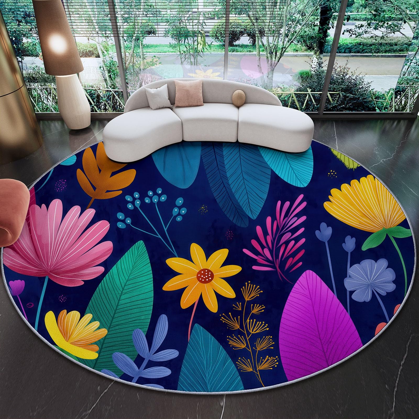 Tapis salon lavable antidérapant doux et facile à nettoyer motif fleurs 60cm