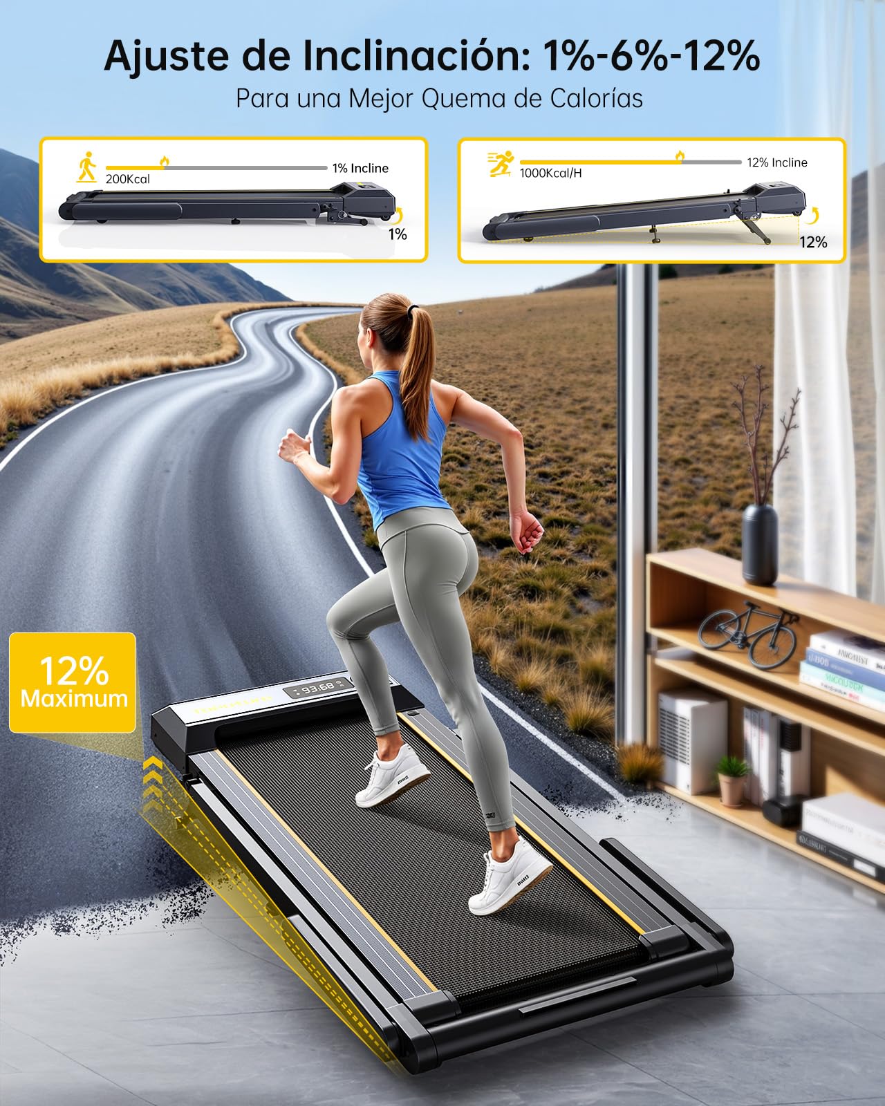 Cinta de Correr Plegable, 6 en 1 Cinta de Correr con Frecuencia Cardíaca | 1%-6%-12% Inclinación, 16KM/H, Dual Pantalla, Bocina Bluetooth, App, Cinta de Andar para Hogar/Oficina