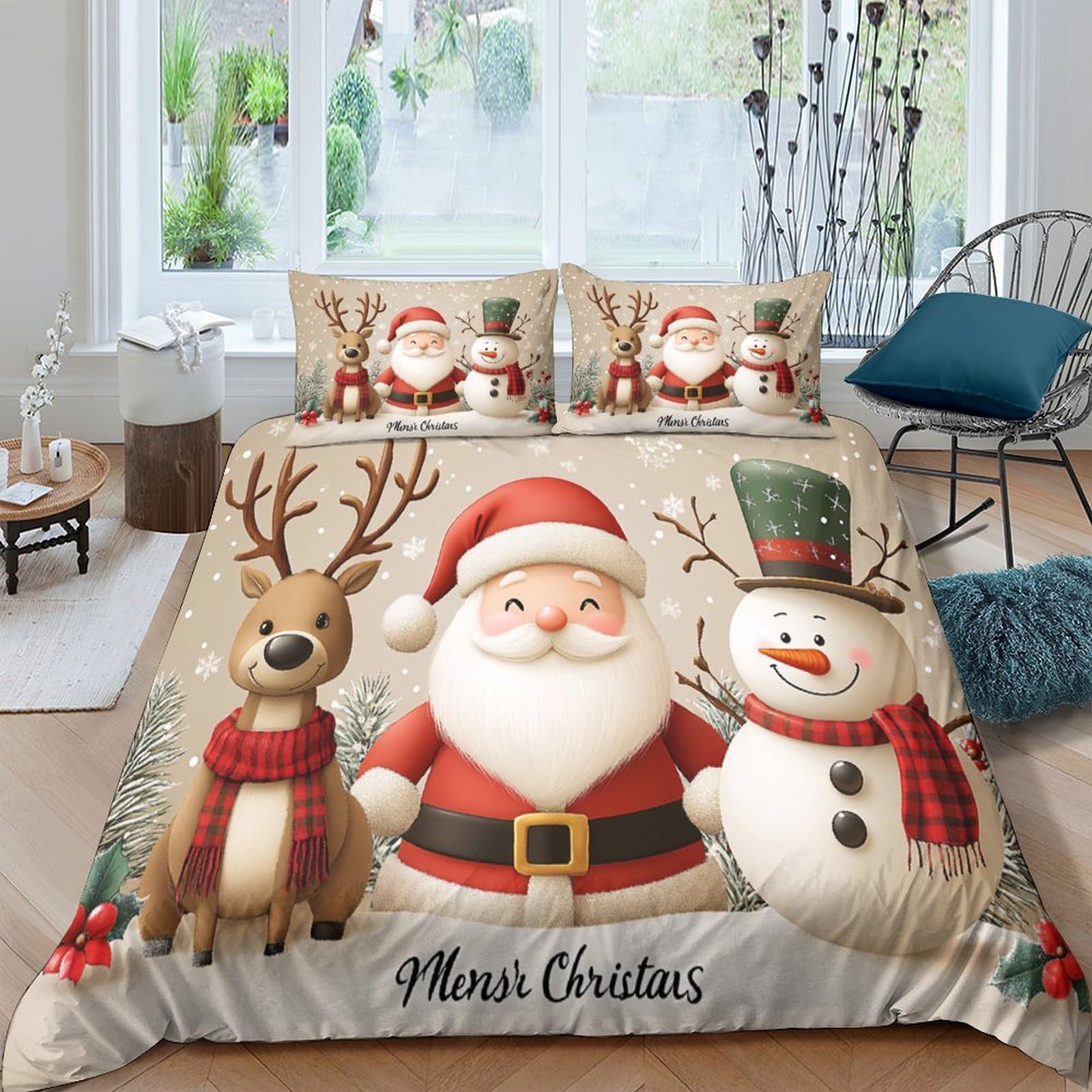 Ctjqhvkz Style-3 3D Printed Christmas Santa Reindeer Fitted Sheet Microfiber Soft Snowman Bed Cover For Bedroom Guest Room Holiday Decor Single（135X200cm）