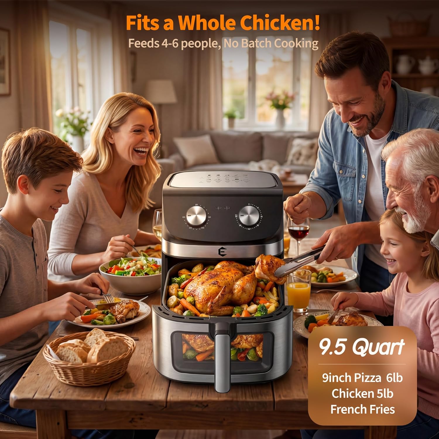 Large Air Fryer 9.5QT, 12-in-1 Stainless Steel AirFryer with Viewing Window, Non Toxic Air Fryer with Manual Knob Control, Dishwasher-Safe Basket, Family-Size Healthy Cooker for Wings, Fries