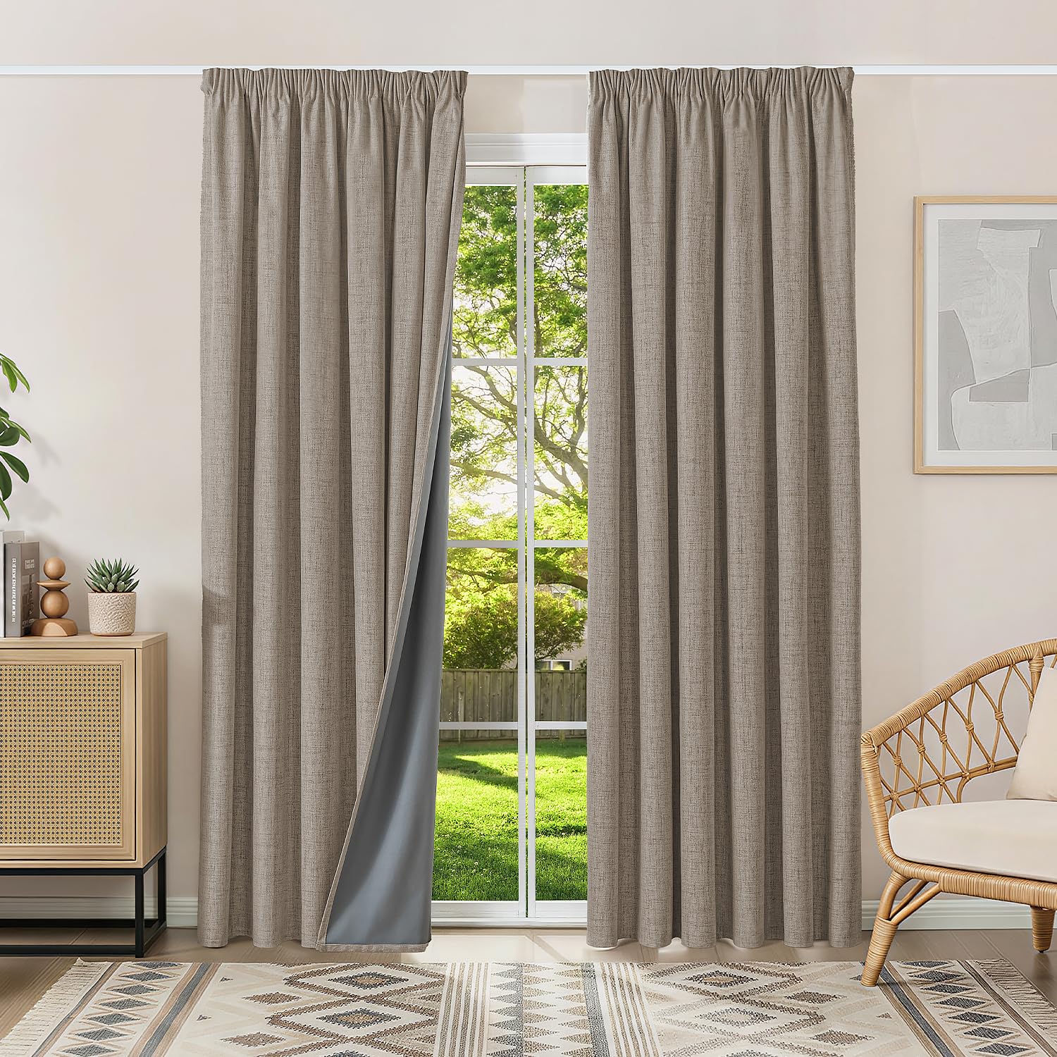 Runyéla 100% Blackout Curtains Pencil Pleat Linen Curtain for Bedroom Living Room Thermal Insulated 90 x 90 Inch Drop 2 Panels Linen