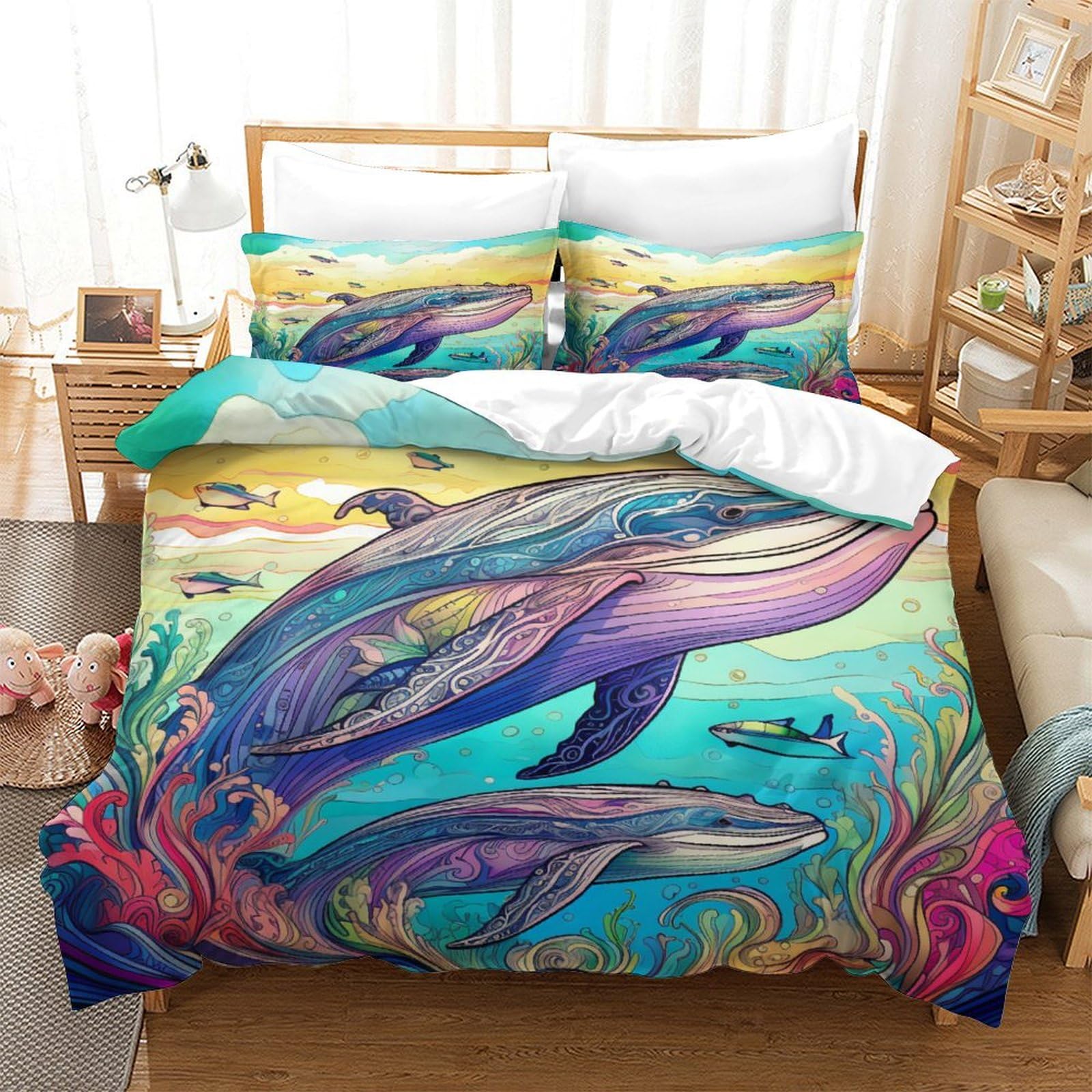 Housse de couette baleines colorées lit 260x220 parure microfibre douce