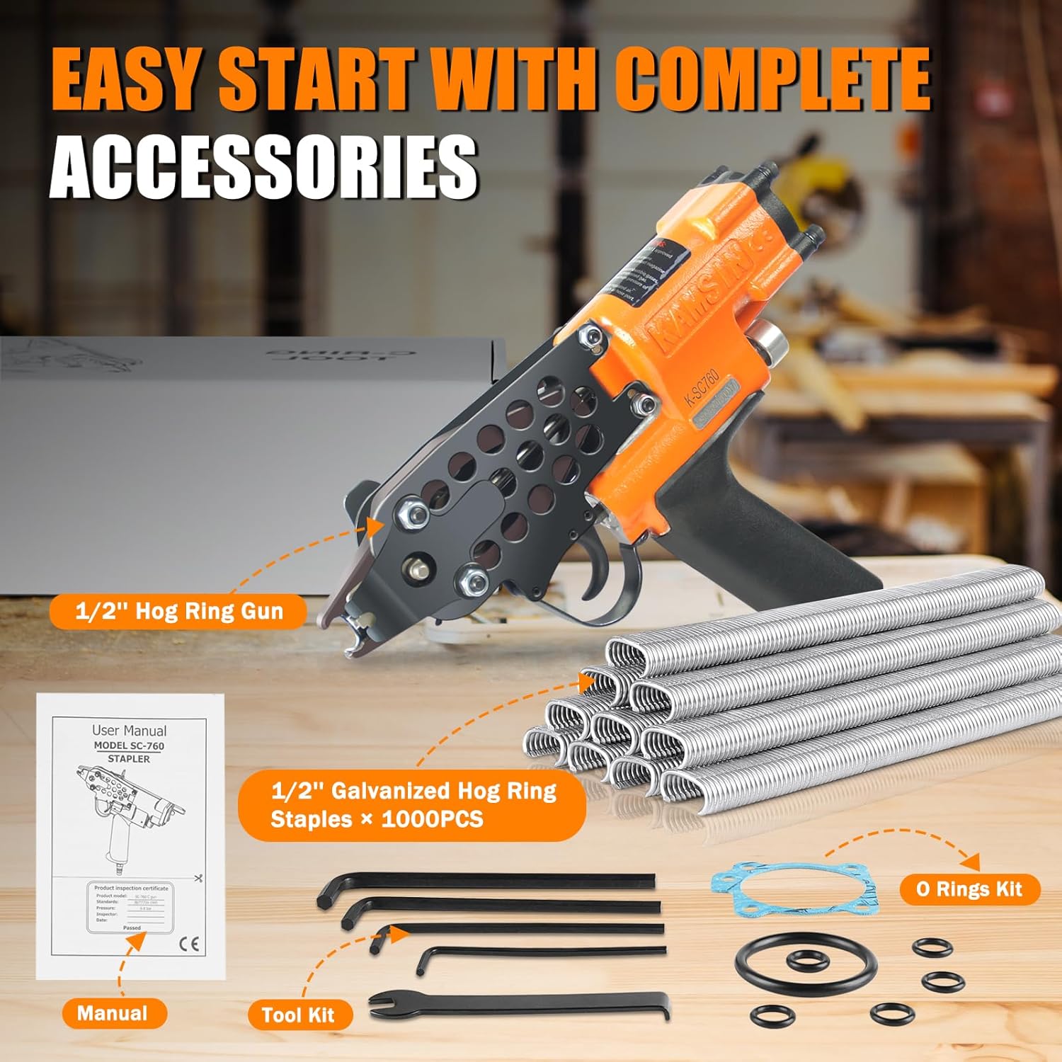 K-SC760 16 Gauge Pneumatic Hog Ring Gun with 1000PCS Hog Ring Staples, 1/2-Inch Crown, 3.0-4.8mm Closure Diameter Hog Ring Pliers C Ring Gun for Mattress, Fencing, Wire Cages