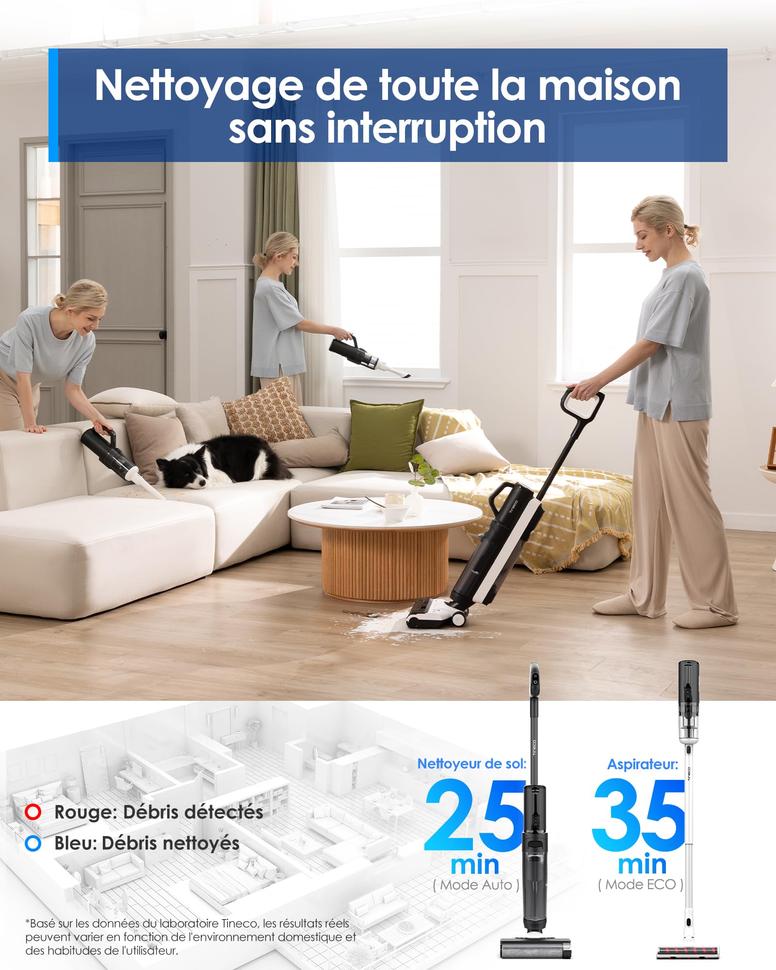Tineco Floor One S5 Combo Power KIT Aspirateur Eau et Poussière à Main intelligents sans Fil 3 en 1, idéal pour Les saletés collantes et Les Poils d'animaux sur Sol Dur, léger