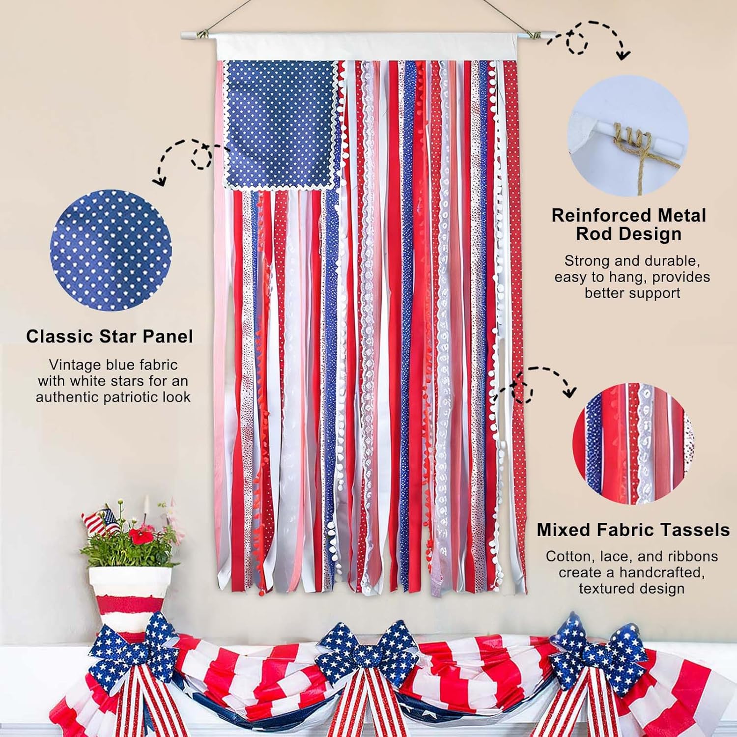 4.2x2.3 Ft Ribbon Hanging American Flags for 4th of July Decoration Ribbon Flag Wall Hanging Rag American Flag Banner Patriotic Memorial Day Decor for Indoor Outdoor Home Garden Decor