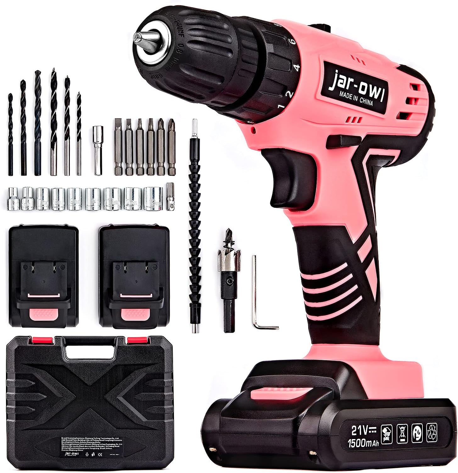 jar-owl 21V Pink Tool Set with Drill, Power Cordless Dril Driver Home Tool Set with 3/8 Inch Keyless Chuck,1.5AH 2PCS Battery and Charger for Lady's Home Repairing Tool Kit