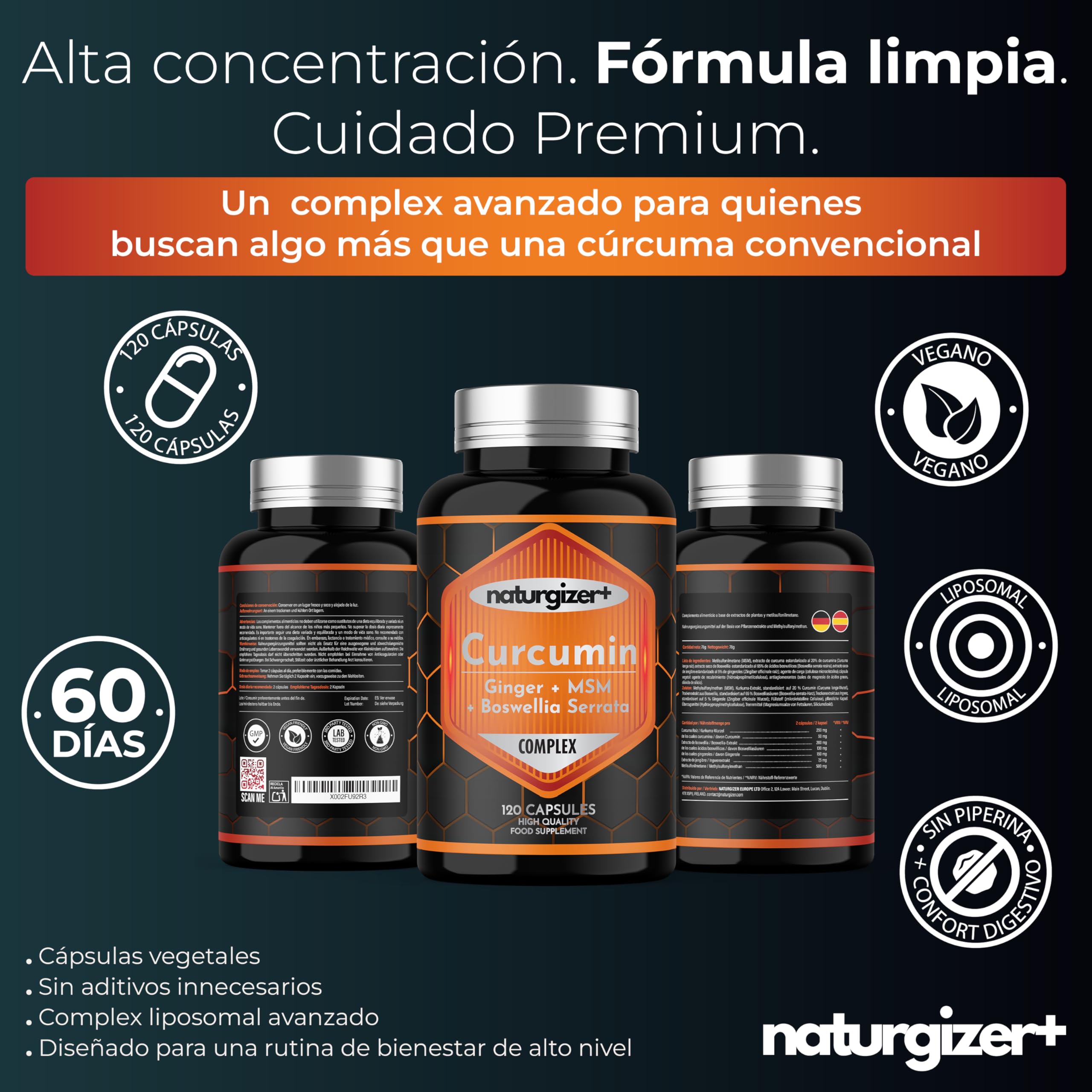 Cúrcuma LIPOSOMAL Complex con Jengibre, Boswellia, MSM | Alta Absorción | Apoyo Premium para Articulaciones, Músculos y Digestión | Curcumina en Cápsulas Vegetales |120 Cápsulas (60 Días) Naturgizer+ — view 6