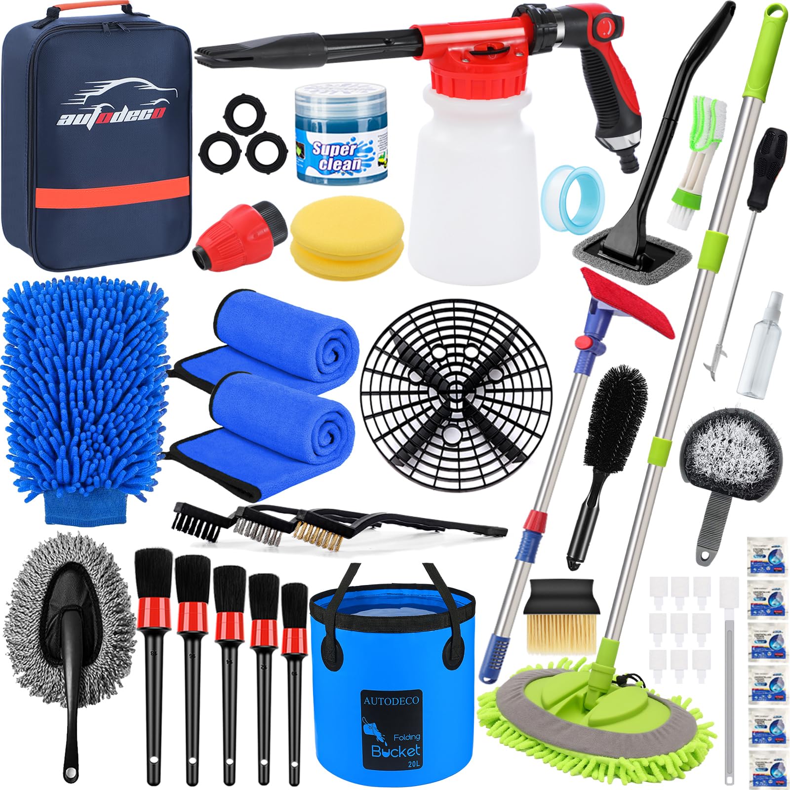AUTODECO 44Pcs Car Wash Detailing Kit Cleaning Kits with Foam Gun Sprayer Wash Mop with Long Handle Collapsible Bucket Large Wash Mitt Towels Complete Interior Exterior Car Washing Supply Set Blue