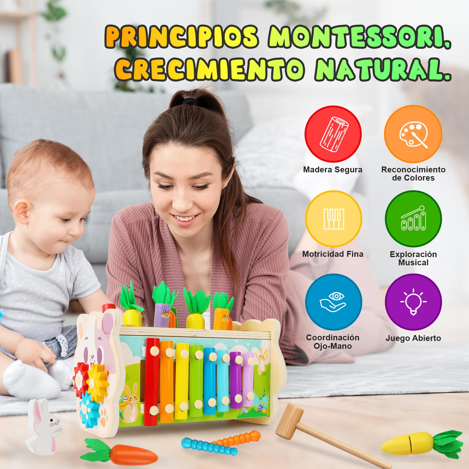 BuzzoXerex Juguetes Montessori 1 Años, 9 en 1 Juguetes Madera con Juguete de Martillo, Xilofono, Juego de Pesca y Laberinto Numérico, Interactivo Educativos Regalo Niño 1 2 3 4 Años