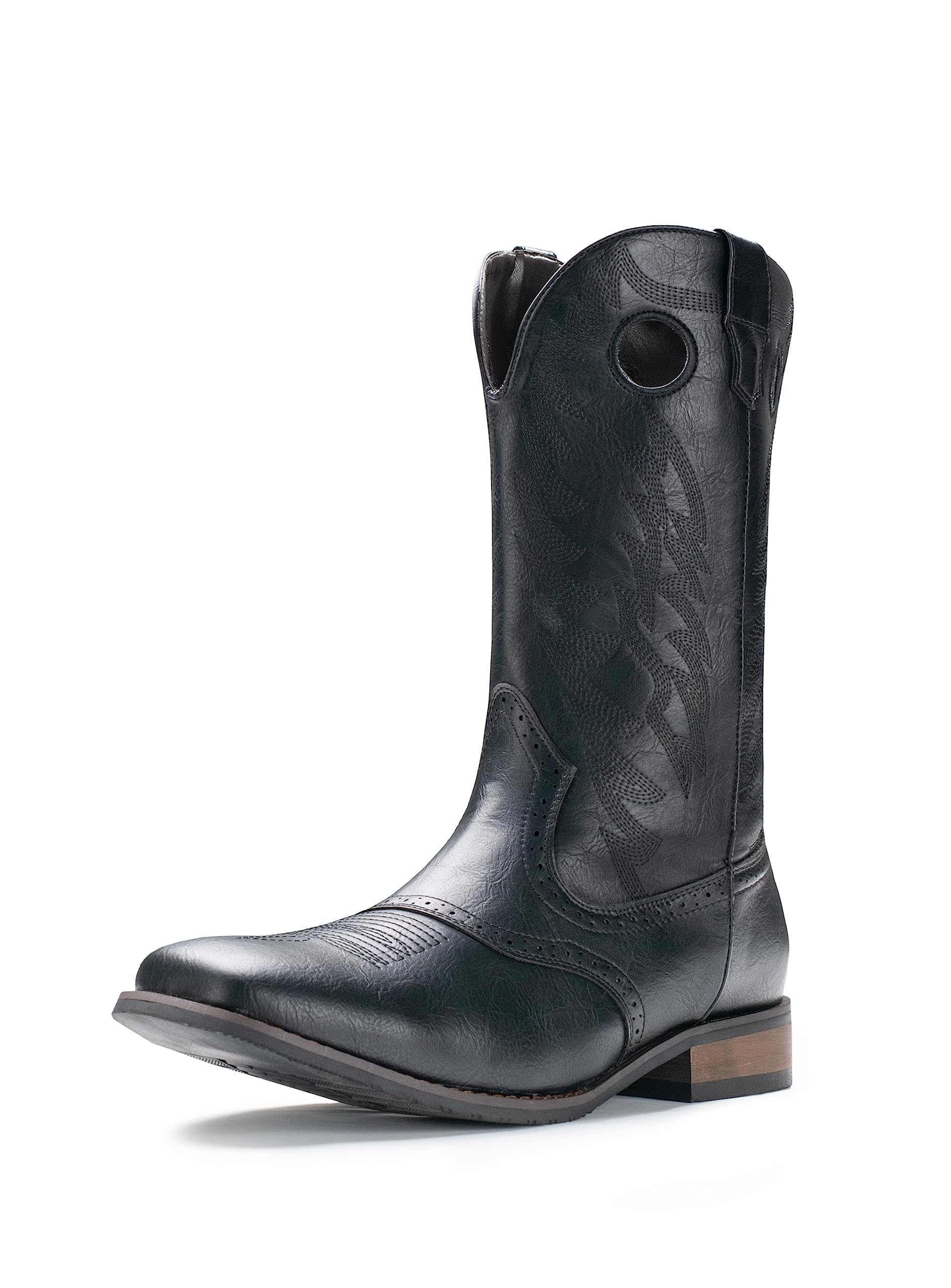 IUV Cowboy Boots For Men Western Boot Classic Embroidered Square Toe Pull On Mid-Calf Boots Round Hole