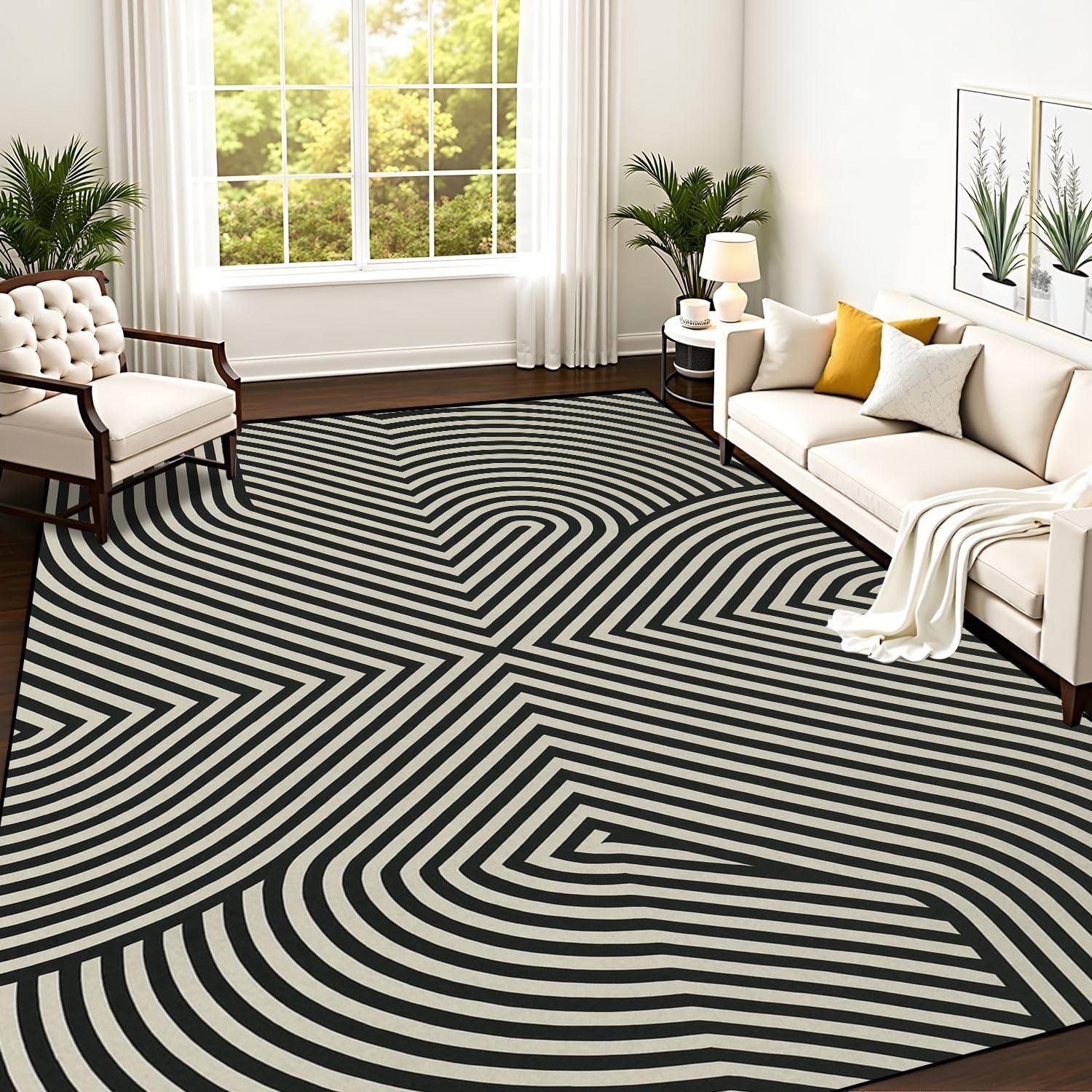 PeeNoke White Diagonal Lines Striped repetitive Area Rug Outdoor Patio Rug Play Mat Modern Floor Carpet Non-Slip Home Decor Living Room Kids Bedroom