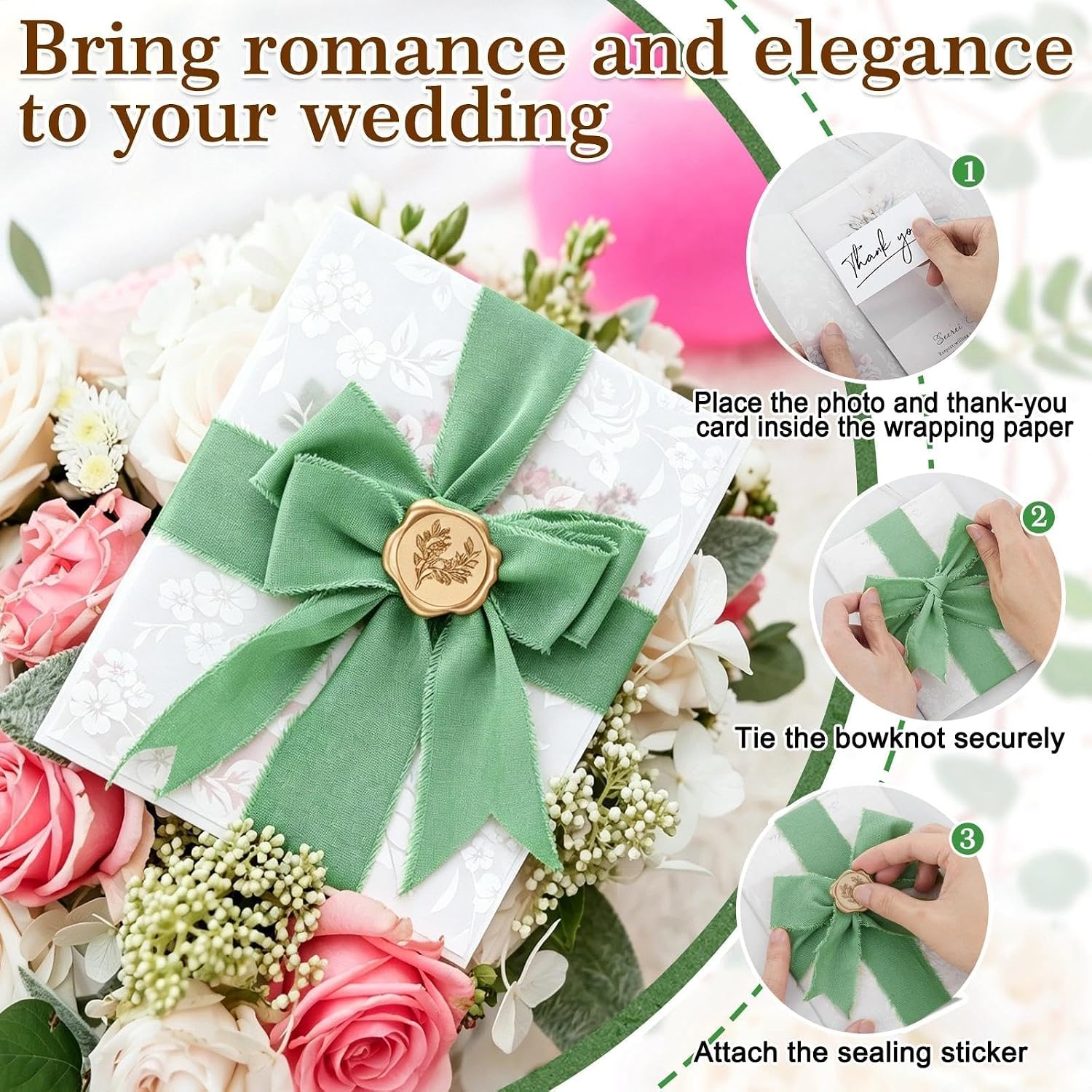 Prospura 50 Sets Wedding Invitation Wrap Kit for 5x7 Invitations, Vellum Jackets, Gold Wax Seal Stickers, Chiffon Ribbon, Thank You Cards, DIY Wedding Invitation Supplies,Sage Green