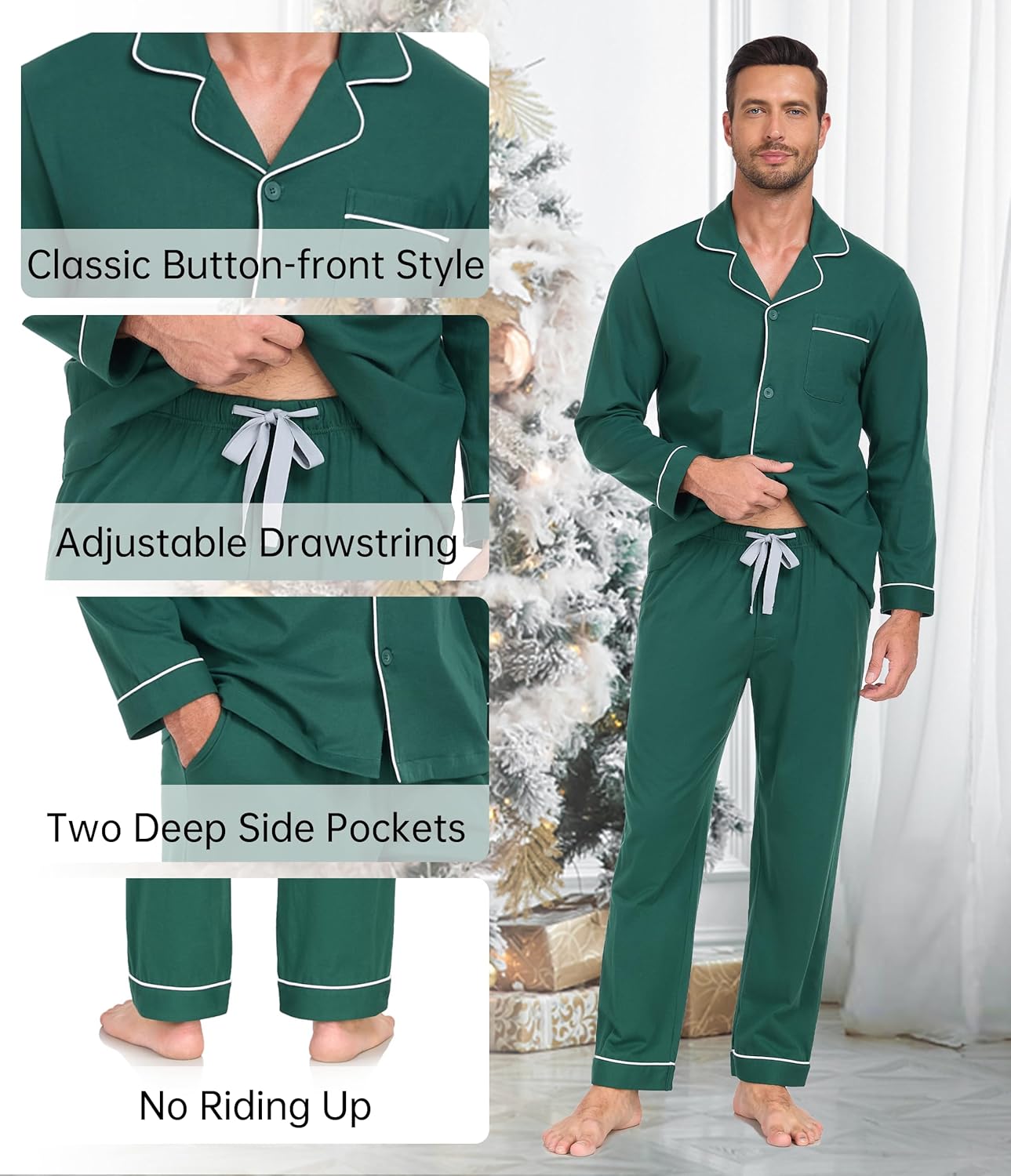 COLORFULLEAF Men's 100% Cotton Pajama Sets Breathable Long Sleeve Pjs Mens Cotton Sleepwear With Pockets - Image 4