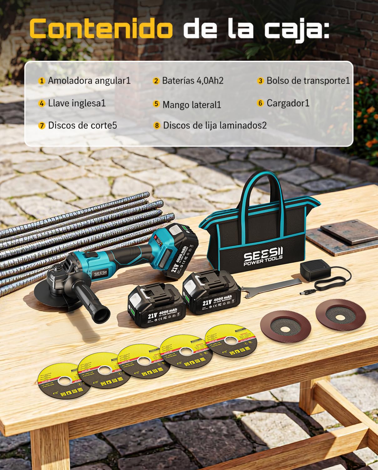 SEESII Amoladora Angular a Batería 2x 4000 mAh, 10.000 RPM Amoladora Angular Eléctrica sin Escobillas con 6 x muelas, para Crtar y Amolar con Precisión,125 mm/22 mm, azul (125mm)