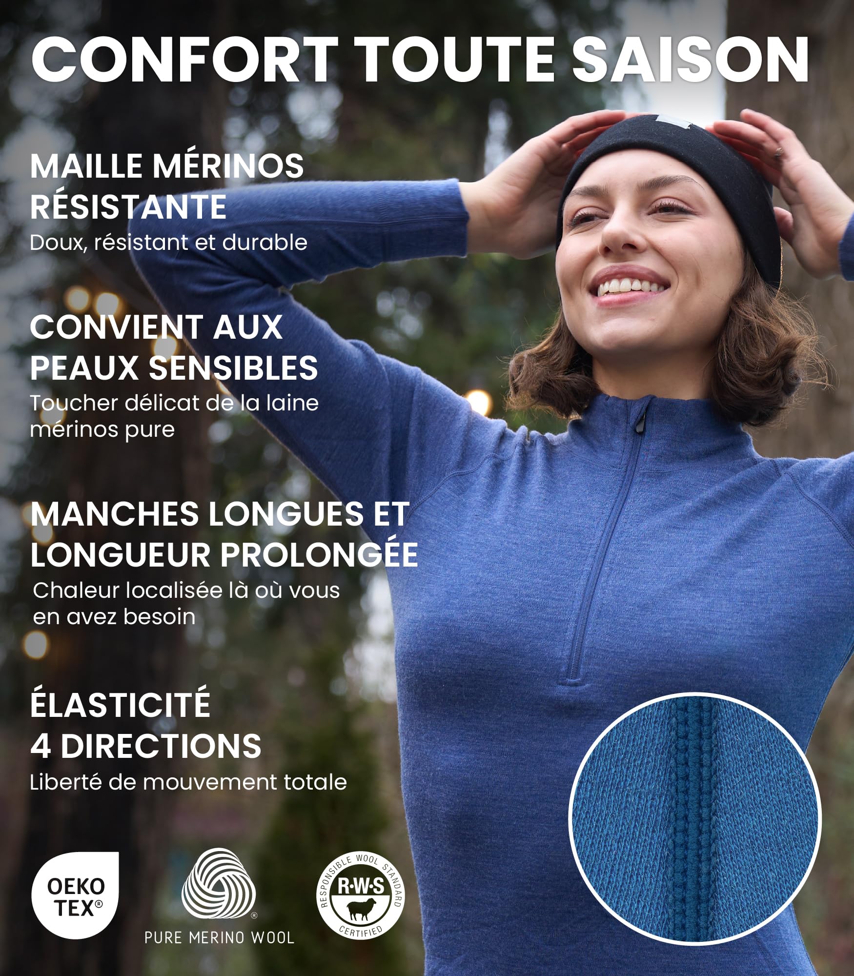 Merino.tech 100% Demi-Zip Pull Laine Merinos Femme + Chaussettes | Sous Couche Merinos Léger, Moyen, Épais, Respirant, Anti-Odeur Naturel, Idéal pour la Randonnée, Ski, Voyage, Non-Irritant