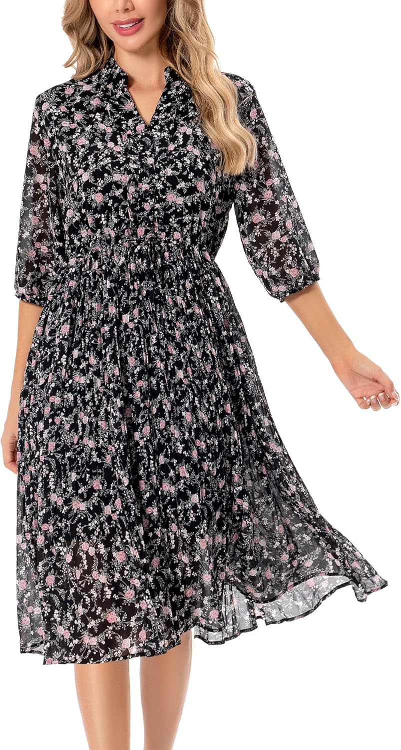 Shineflow Women's Short Sleeve V-Neck 3/4 Sleeve Button Up Chiffon Floral Pleated Midi Swing Dress with Belt