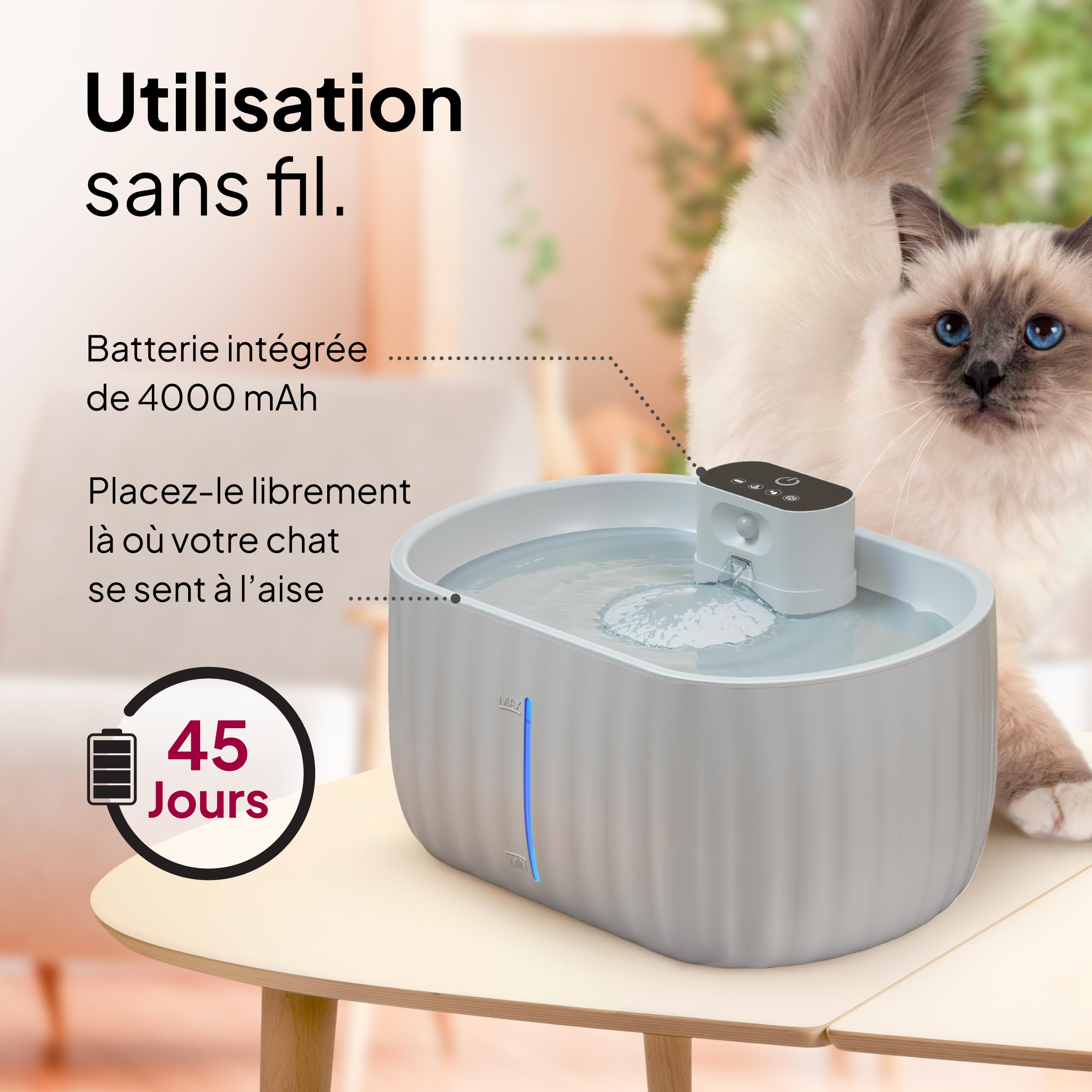 Pretty Paw Fontaine à Eau pour Chat sans Fil 3L - Détecteur de Mouvement, Pompe silencieuse, Fontaine pour Chat Rechargeable avec Filtre, Placement Flexible sans câble - Aqua Sense (Gris)