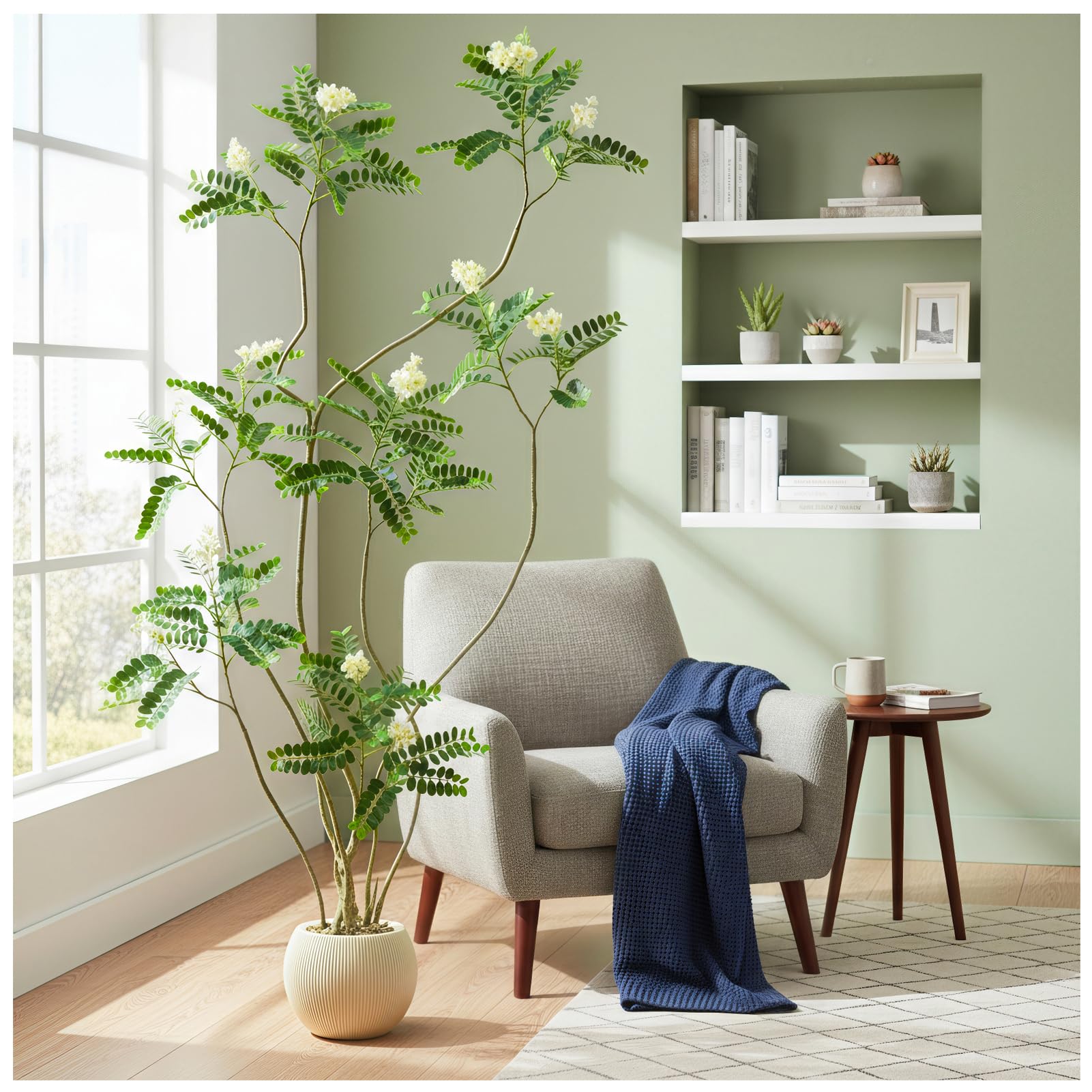 TNGGNT Artificial Locust Tree：6FT Faux Black Locust Floor Plant with White Flowers Small Round Silk Leaves & Elegant Branches in Beige Ribbed Planter for Indoor Home Office Decor Hotel Patio Studio