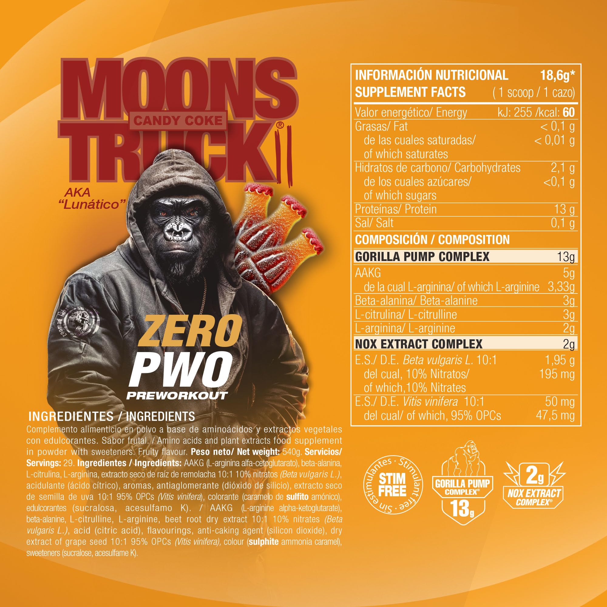 Pre Workout Sin Cafeína Moonstruck II Zero Zoomad Labs 540g – Preentreno Natural para Gimnasio con Óxido Nítrico, Pump Extremo, Fuerza y Resistencia – Energía sin Estimulantes Candy Coke