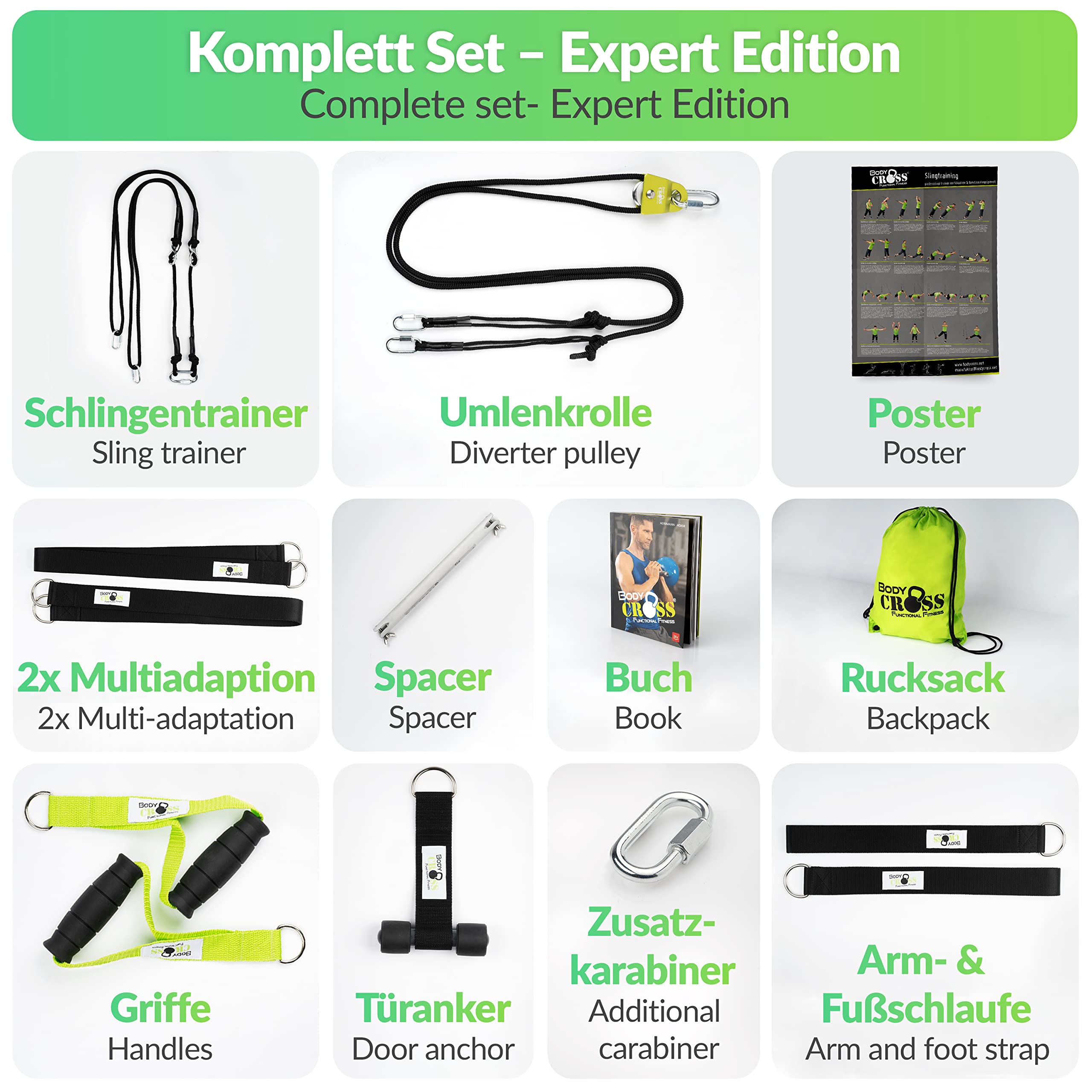 PREMIUM Schlingentrainer Komplett Set, Made in Germany, geprüft & zertifiziert, 2 Slingtrainer im Krafttraining Set mit Umlenkrolle, Türanker, Befestigung für zuhause und outdoor, 10 Jahre Garantie