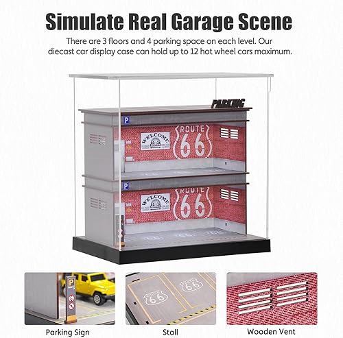 Miniatura 3 de cxiiuui Hot Wheels - Vitrina de 164 a presión para estacionamiento, garaje Moldel de 3 neumáticos con luz LED, 12 plazas de aparcamiento, modelo con