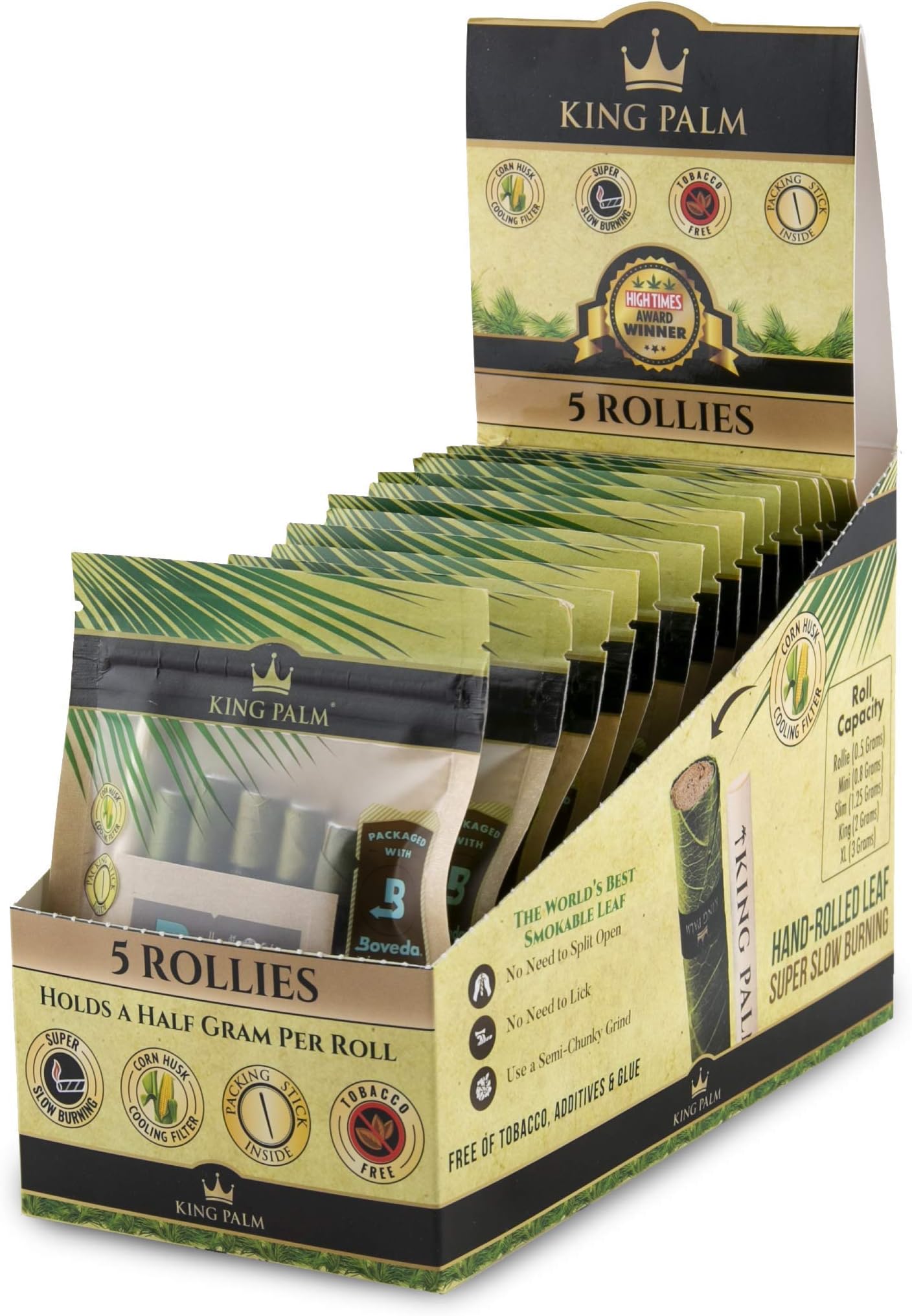 King Palm Rollies - Natural Pre Wrap Palm Leaf Cones (15 Packs of 5, 75 Rolls Total) with Corn Husk Filter