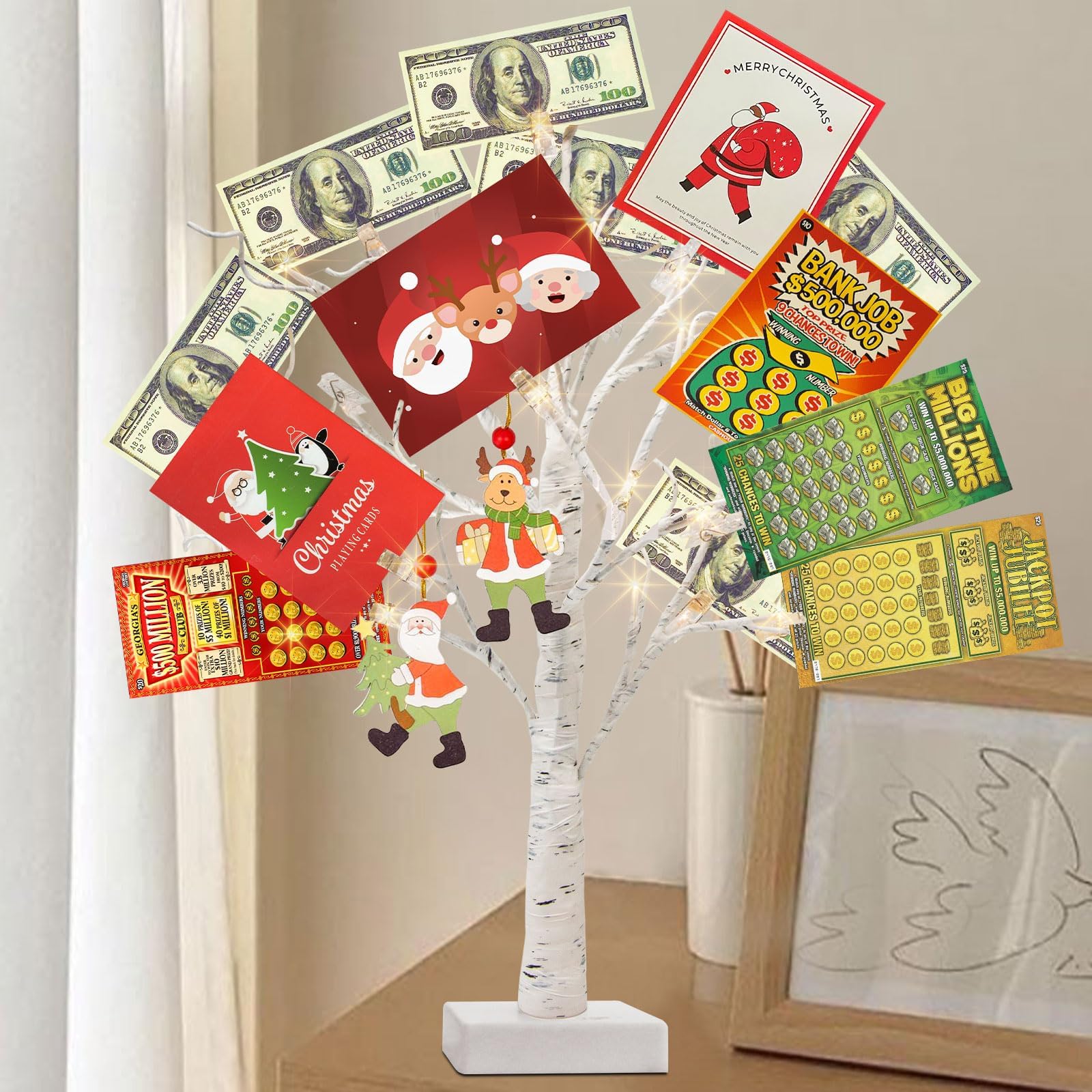 Money Tree, 22 Inch Gift Card Tree Holder with 6 Clips and 6 Greeting Cards, 24 Warm White Birch Tree with Lights, Christmas Tree Card Holder for Birthday Wedding Indoor Xmas Decorations