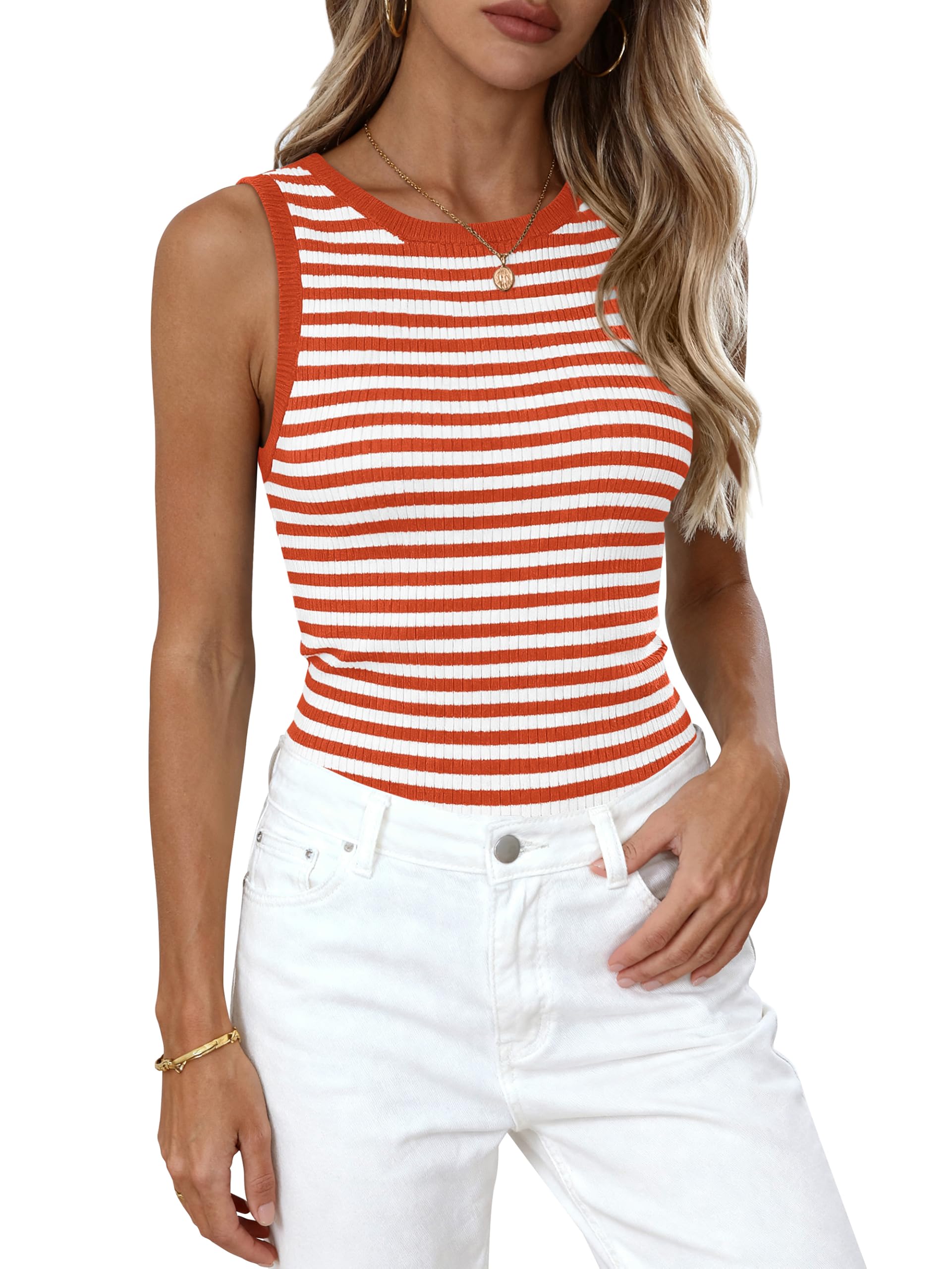 PRETTYGARDEN Summer High Neck Striped Tank Tops for Women Casual Sleeveless Sweaters Basic Ribbed Knit Slim Fitted Shirts