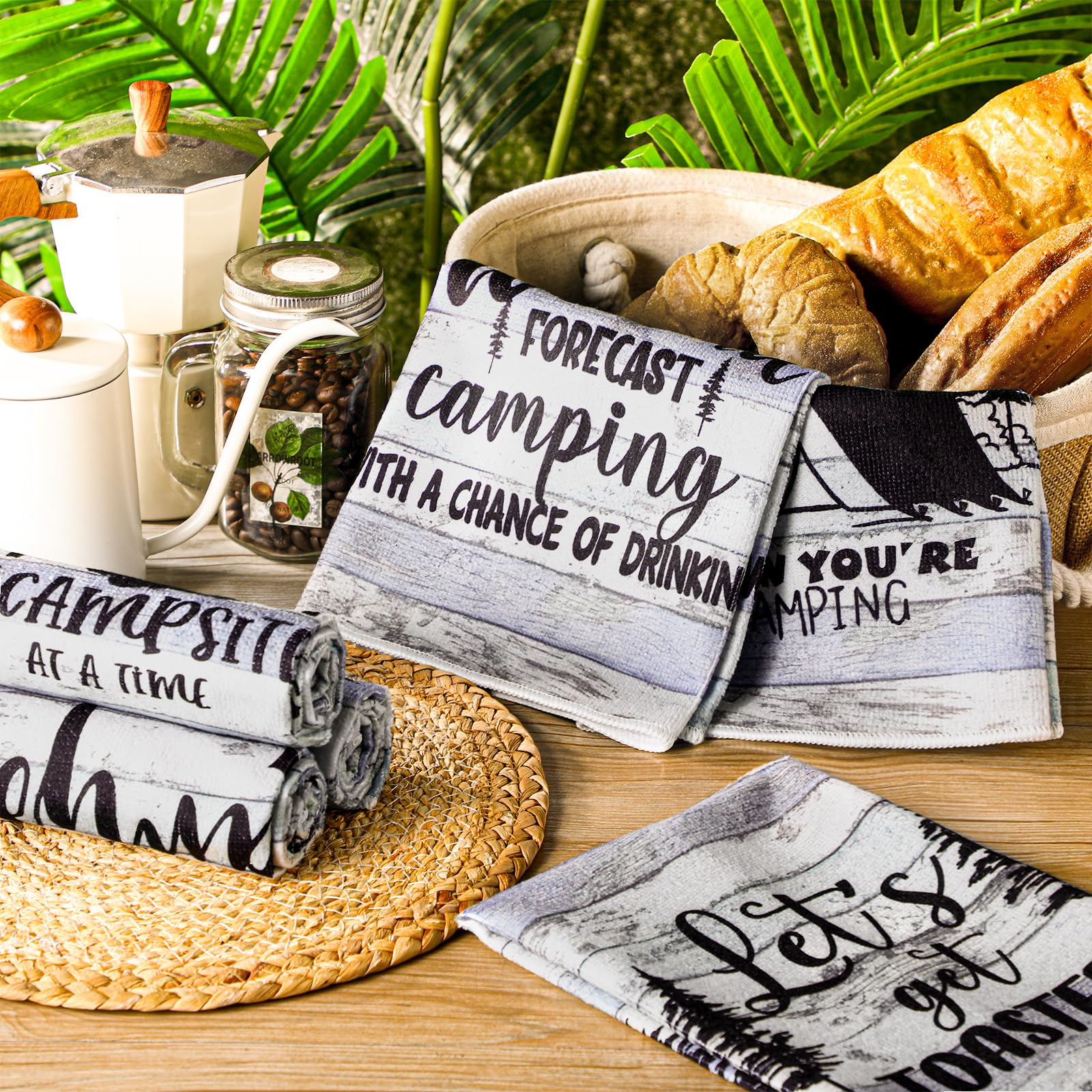 Boyiee Happy Camper Camping Kitchen Towels Set of 6, Absorbent Tea Towels with Funny Phrases, 61 x 40 cm - Image 2