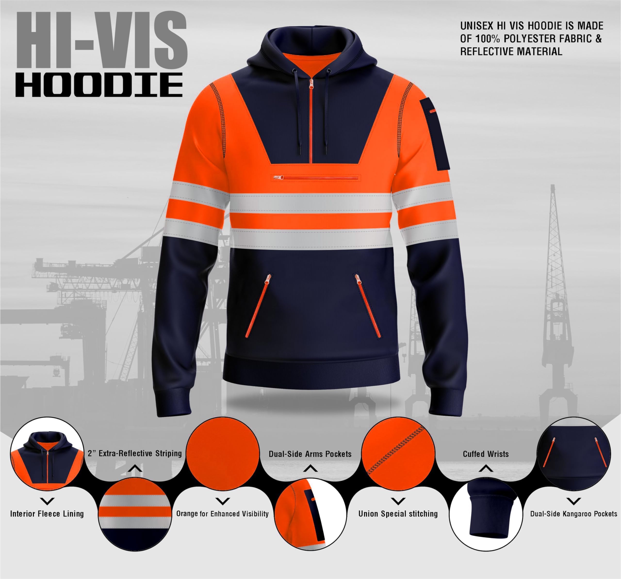 Sweat à capuche haute visibilité pour homme avec bande réfléchissante et poches zippées - Jaune et orange