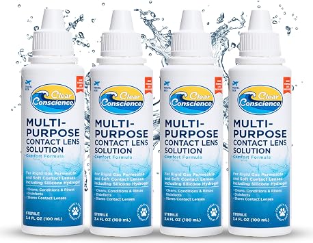 Cruelty-Free Multipurpose Contact Solution Travel Size - Mild Cleaner & Conditioner for Eye Contact Lens Care by Clear Conscience, 3 Fl oz 4 Pack