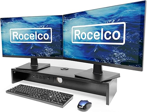 Miniatura 9 de Rocelco Soporte de monitor doble de 30 pulgadas con fuente de alimentación de CA y carga USB 2.0  Estante elevador de metal para computadora