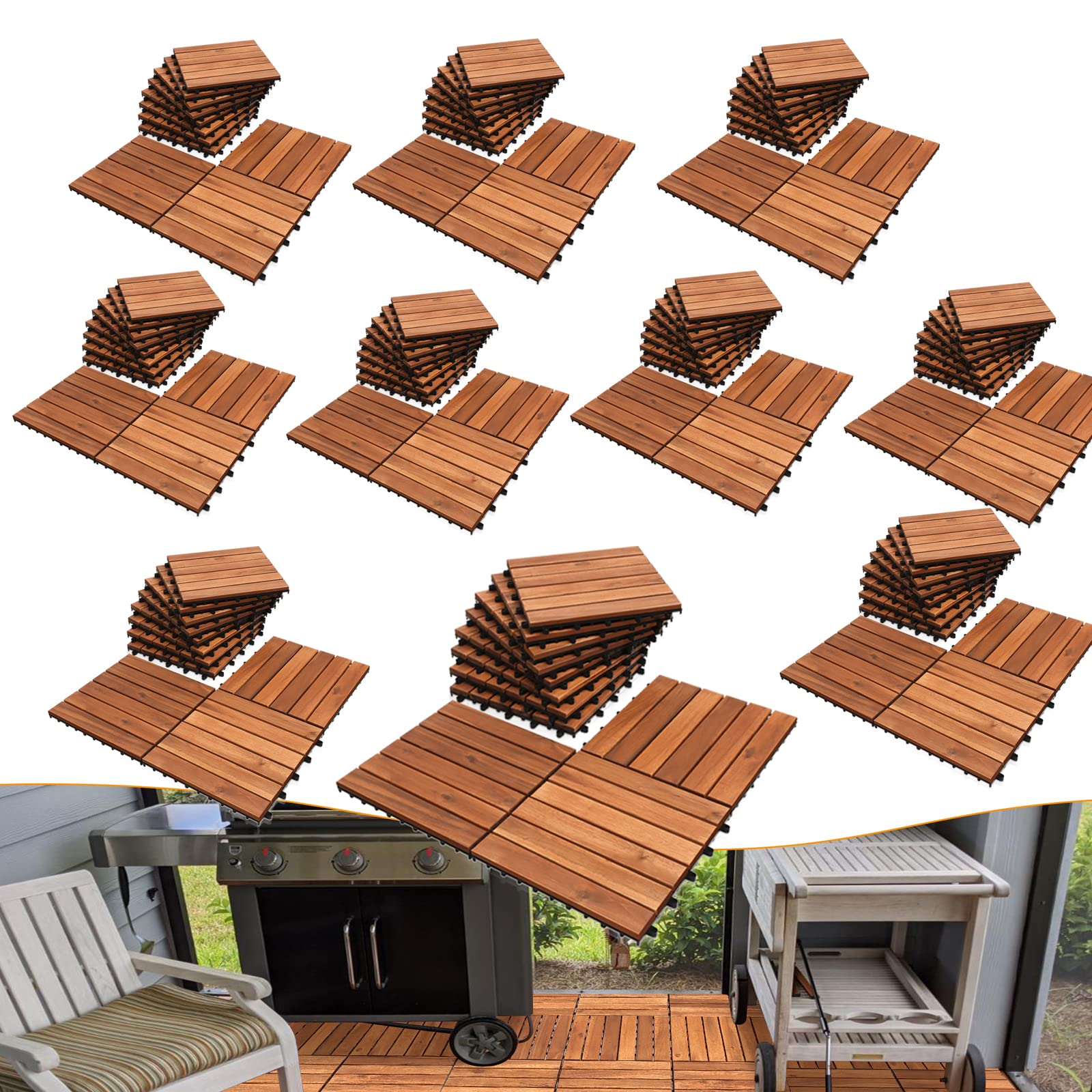 Baldosas de madera para suelo antideslizantes y con sistema de drenaje, 100 unidades de 30 x 30 cm, 10 m², para suelos de balcones, terrazas, jardines, recortables