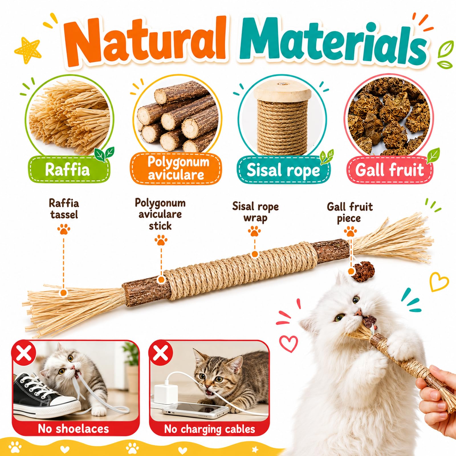 Jouet Chat, 3 Jouet Chat Corde et 4 Pièces Bâtonnets Herbe à Chat, Jouet de Dentition Chaton, Jouet a Macher Chat, pour Grincer des Dents Chats Intérieur Et Nettoyer Les Dents